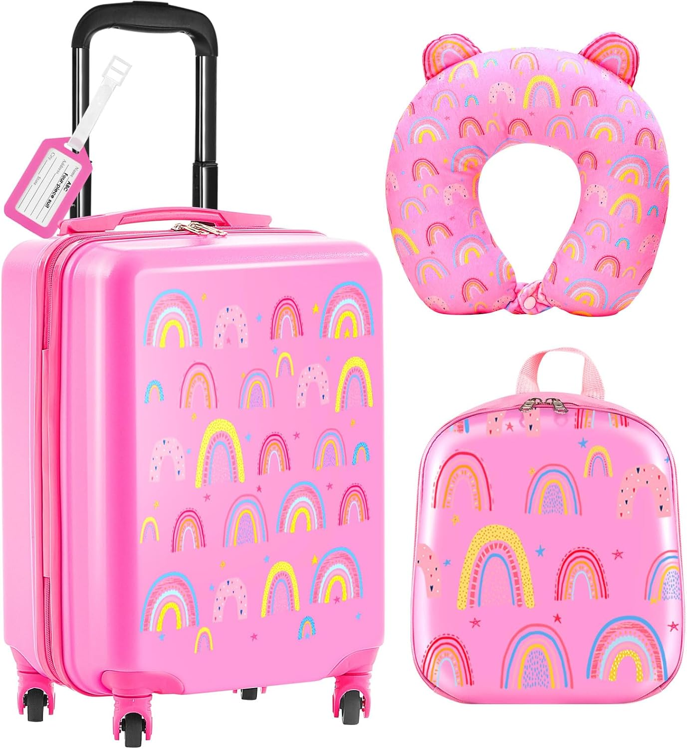 Sanwuta 4 Pcs Kids Luggage Set Kids Backpack Travel Rolling Suitcase with Wheels U-Shape Pillow Childrens Gift for Girls Boys, Rainbow Pink, 17 Inch, Rainbow Style