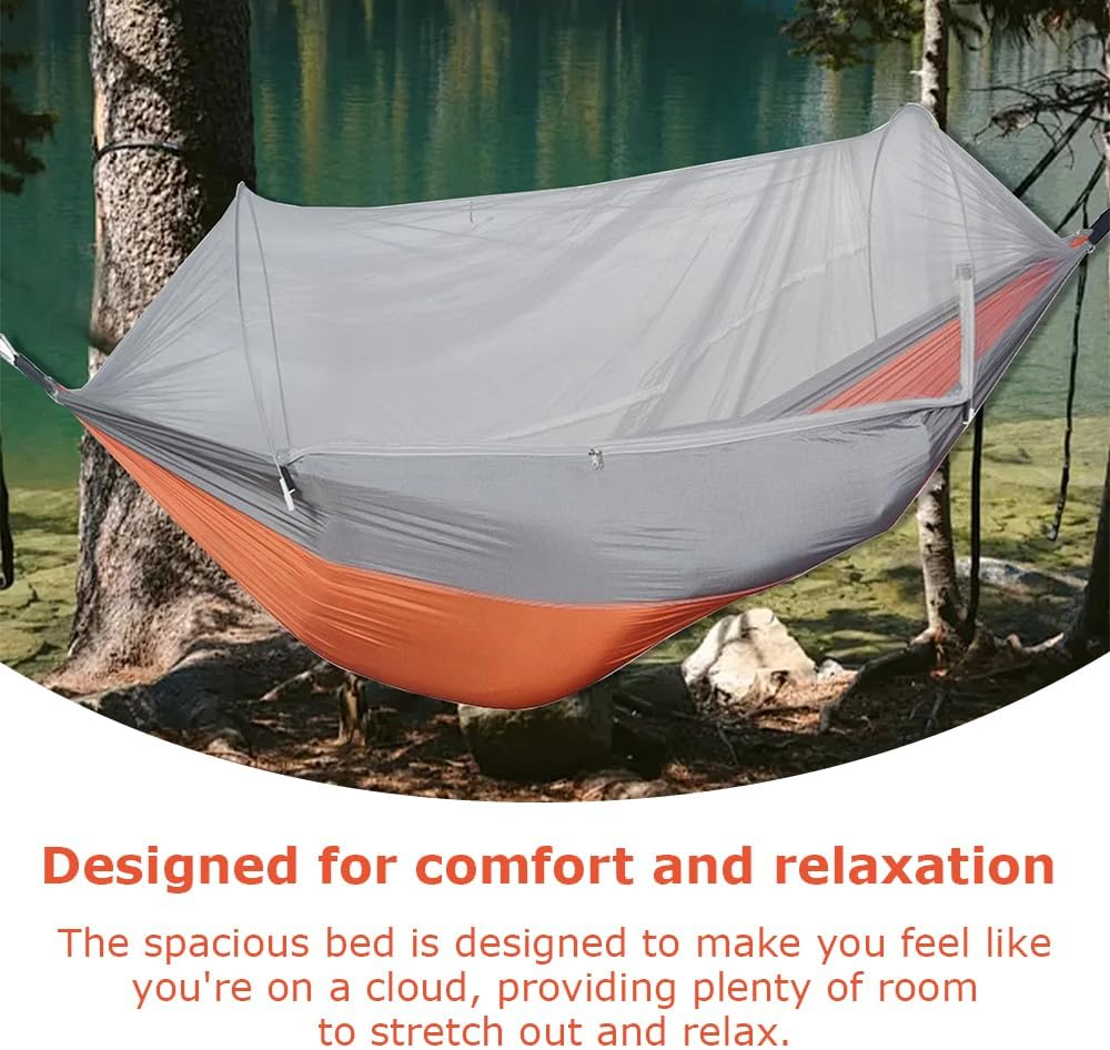 Travel Camping Hammock with Mosquito Net, Outdoor Double Hammock, Automatically Expand Portable Hammocks, Camping Gear for Hiking Beach Backpack Travel, Grey & Orange