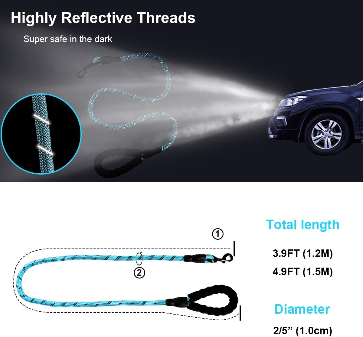 Ruayia Dog Lead with Comfortable Padded Handle, Sturdy Dog Lead for Training and Walking, Reflective Soft Nylon Lead for Large Dogs, 1.5 M, Blue