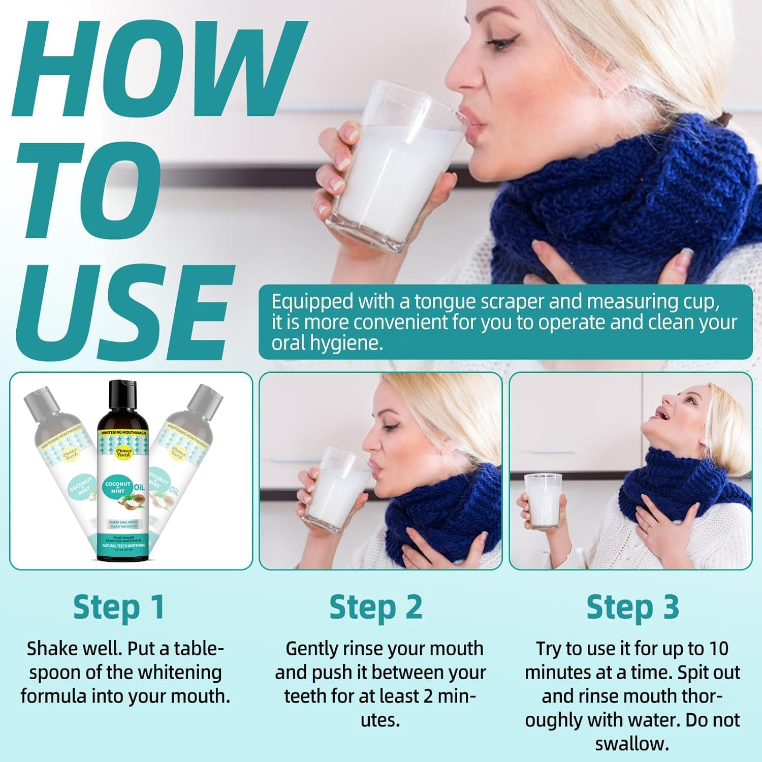 Coconut Pulling & Mint Oil Mouthwash with Tongue Scraper, Natural Coconut & Peppermint Oil-Mouthwash for Oral Care, Supports Teeth Whitening&Fresh Breath image number 6