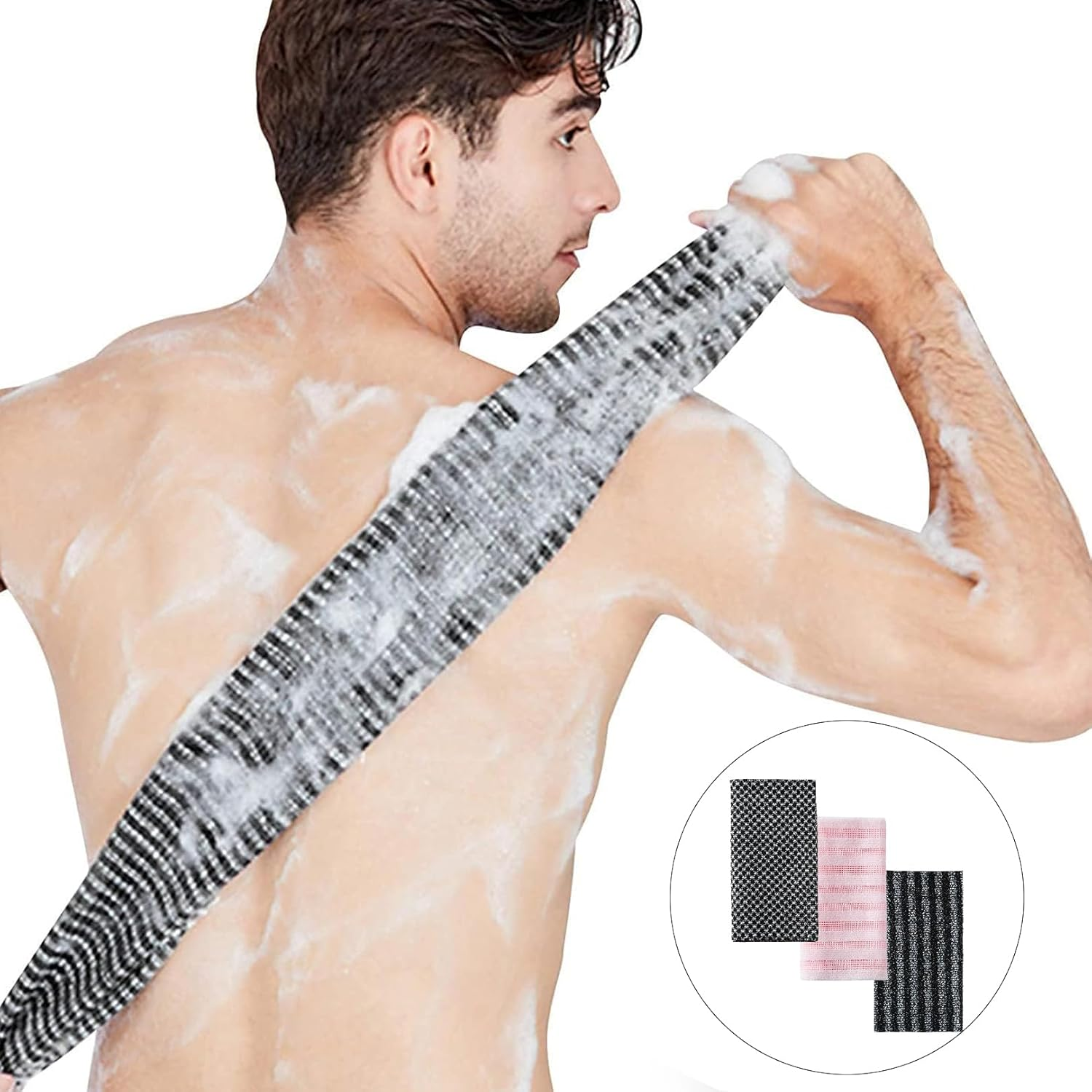 Pack of 3 Back Scrubber for Shower, Body Scrubber, Exfoliating Shower Towel, Back Brush, Back Sponge, Antibacterial Exfoliating Towel, African Net Sponge, Labour-Saving, Thorough Cleaning