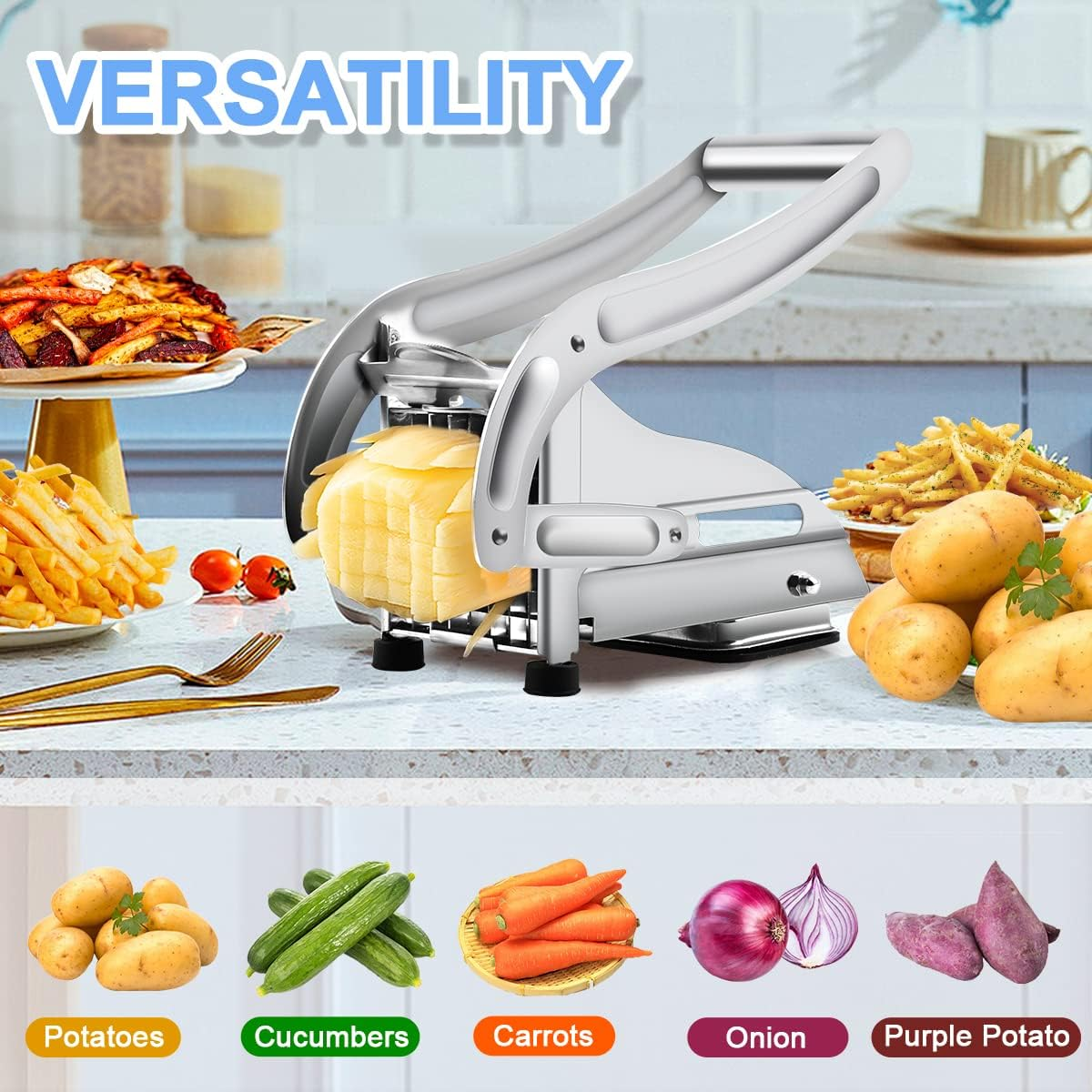 French Fry Cutter with 2 Blades, Professional Potato Cutter Stainless Steel, Potato Slicer French Fries, Press French Fries Cutter for Potato image number 4