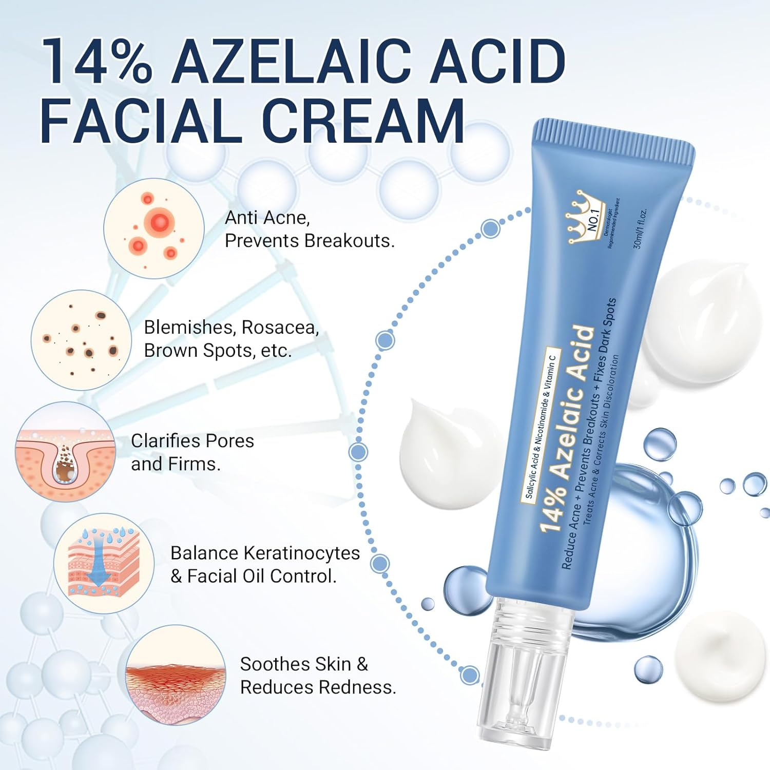 14% Azelaic Acid Cream - Azelaic Acid Serum with Hyaluronic Acid, Niacinamide & Squalane - Pore Refining & Oil Control - Face Moisturizer for All Skin Types, 30ML image number 3