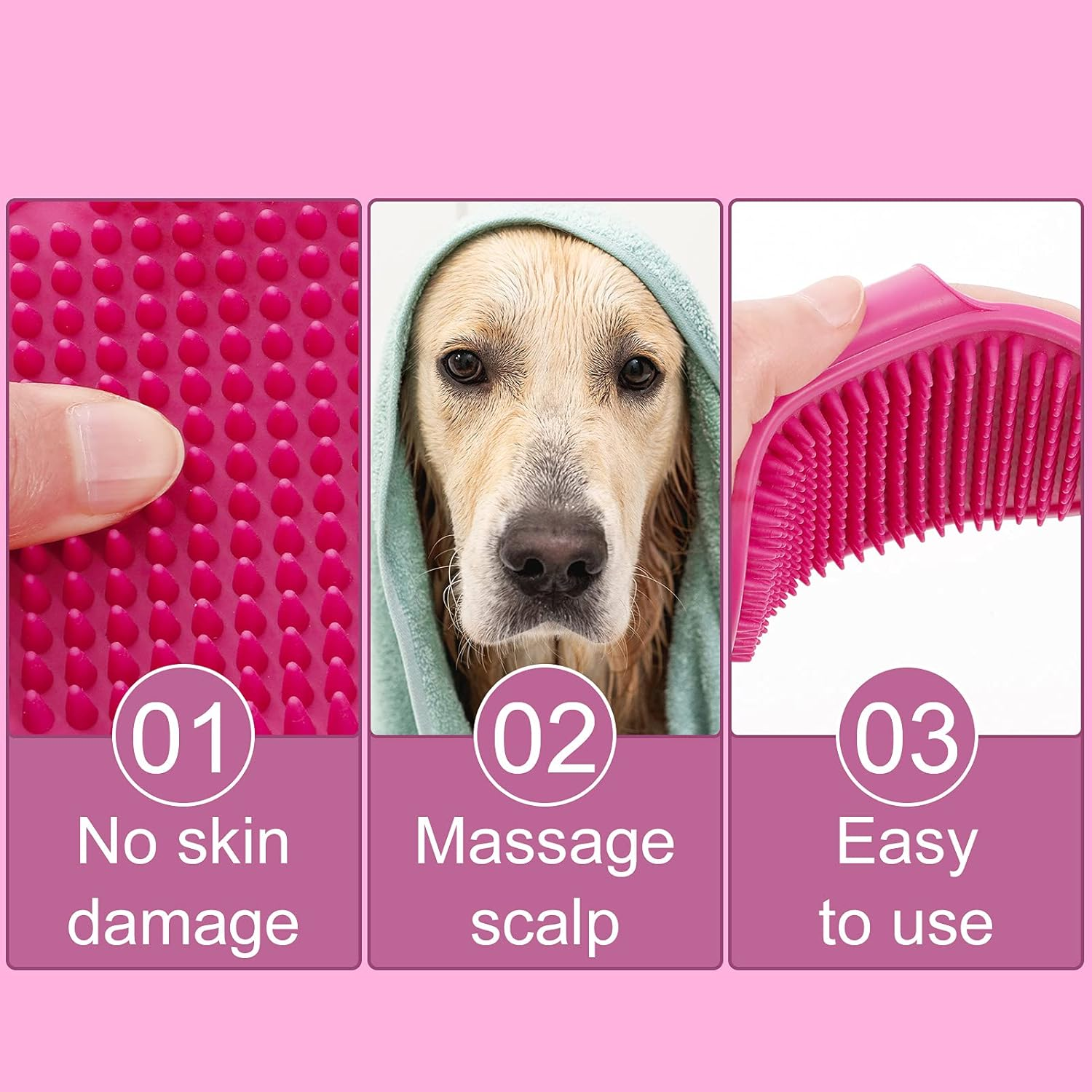 Heyu-Lotus Dog Bath Brush, 2 Pcs Pet Bath Brush with Adjustable Ring Handle, Soothing Massage Rubber Comb for Long Short Haired Dogs and Cats(Blue and Rose) image number 2