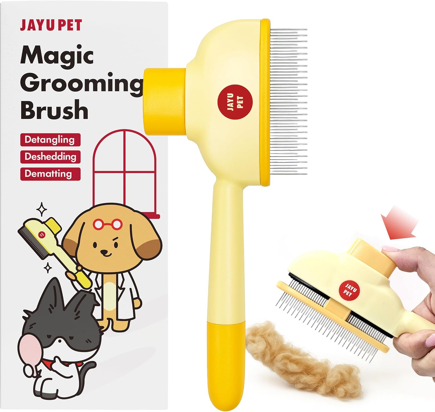 JAYU PET Magic Grooming Brush &ndash; Cat Brush for Shedding, Dual-Length Stainless Steel Bristles, One-Click Self-Cleaning, Vertical Deshedding Comb, Professional Pet Grooming Tool image number 3