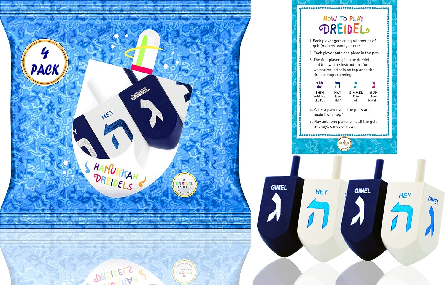 Let'S Play Dreidel the Hanukkah Game 2 Extra Large Blue & White Wood Dreidels - Instructions Included! - D10 image number 3
