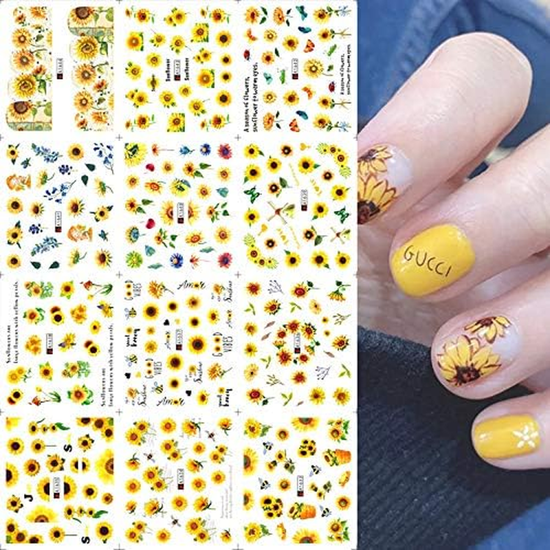 CHANGAR Sunflower Nail Stickers Floria Flower Bee Water Transfer Nail Decals Spring Summer Series Nail Decorations 12 Sheets Nail Tips DIY Toenails Nail Art Decorations Accessories image number 1