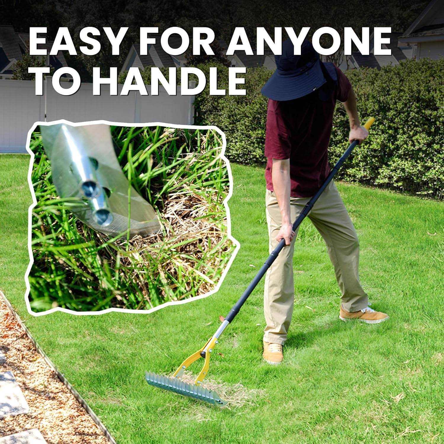 Blumetrec Thatch Rake for Lawn, 15-Inch Adjustable Head Weed Tool, Dethatcher Rake to Cleaning Dead Grass with 188Cm Adjustable Handle, Steel Metal Thatching Rake for Grass, Garden, Yard