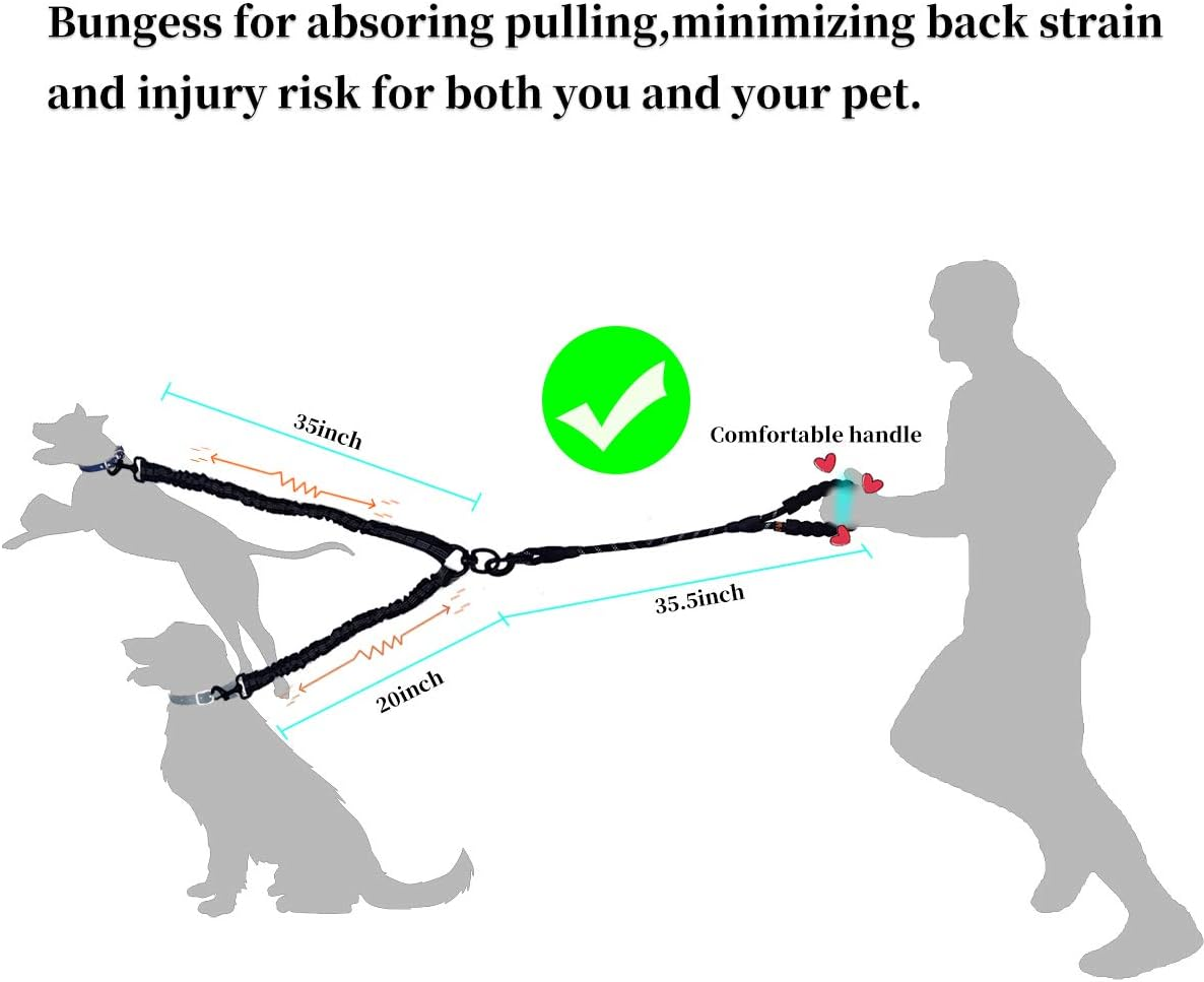 U-Pick Dual Dog Leash, Double Dog Leash, 360 Swivel No Tangle Double Dog Walking Training Leash, Comfortable Shock Absorbing Reflective Bungee for Two Dogs, Black, Medium Large image number 4