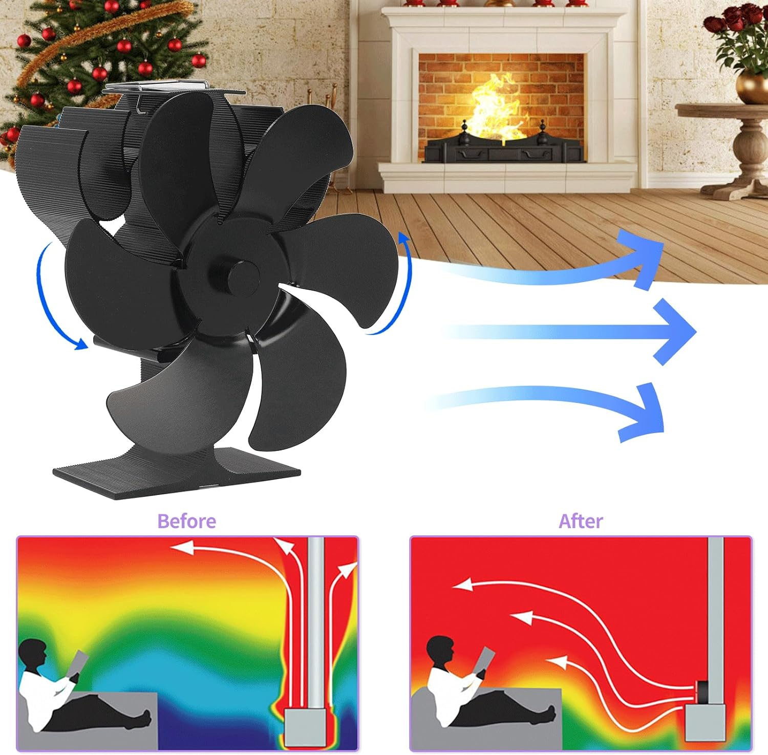 6 Blades Fireplace Fan, Aluminum Alloy Diameter 152Mm Heat Powered Stove Fan, Silent High Temperature Heat Operated Fireplace Fan for Wood Fireplace image number 6