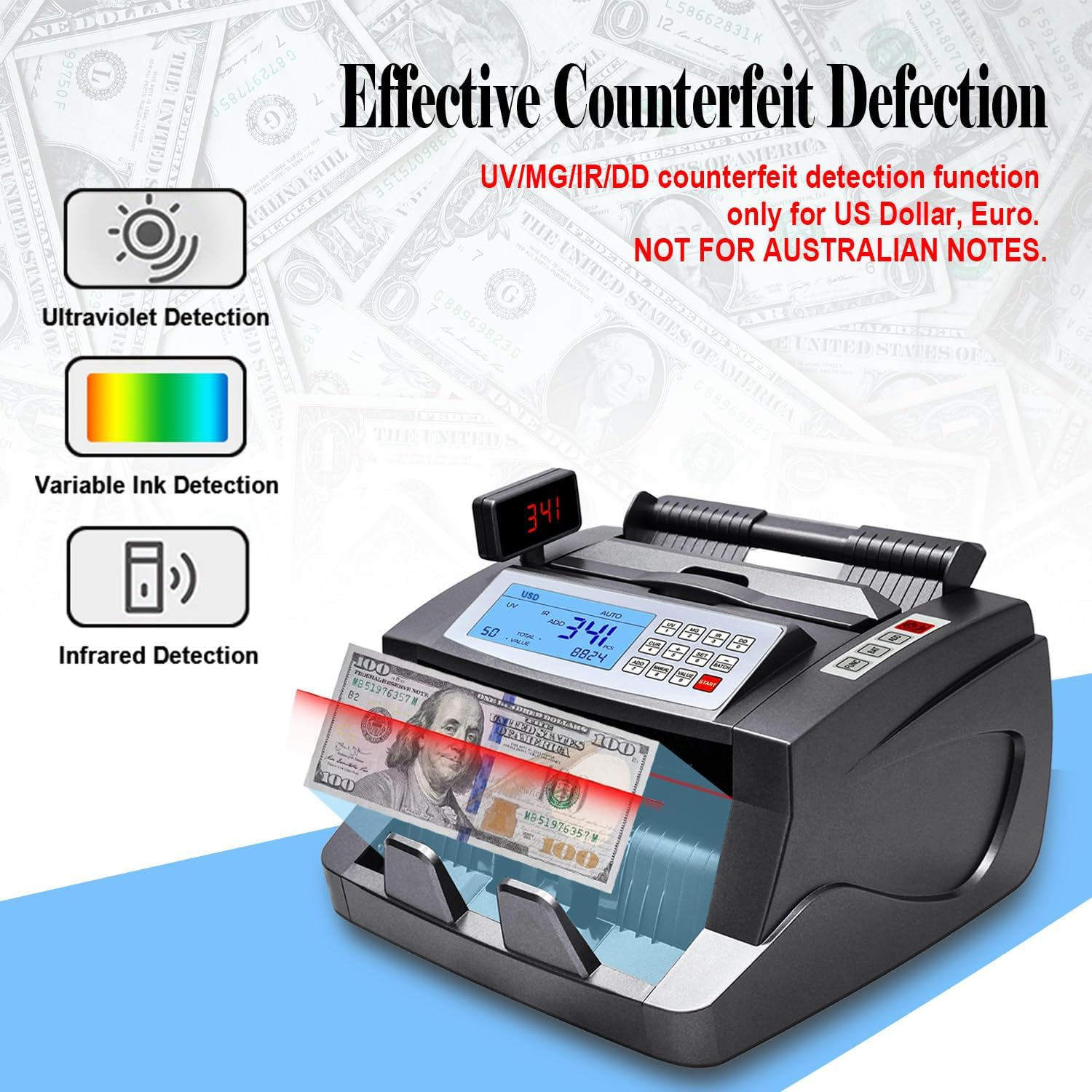 Money Counter Australian Note Bill Counting Machine AUD Cash Counter with Value Count, Add/Batch Modes, 3 Screens, LCD Display, AU Plug, UV/MG/IR/DD Counterfeit Detection Only for US Dollar, Euro image number 1