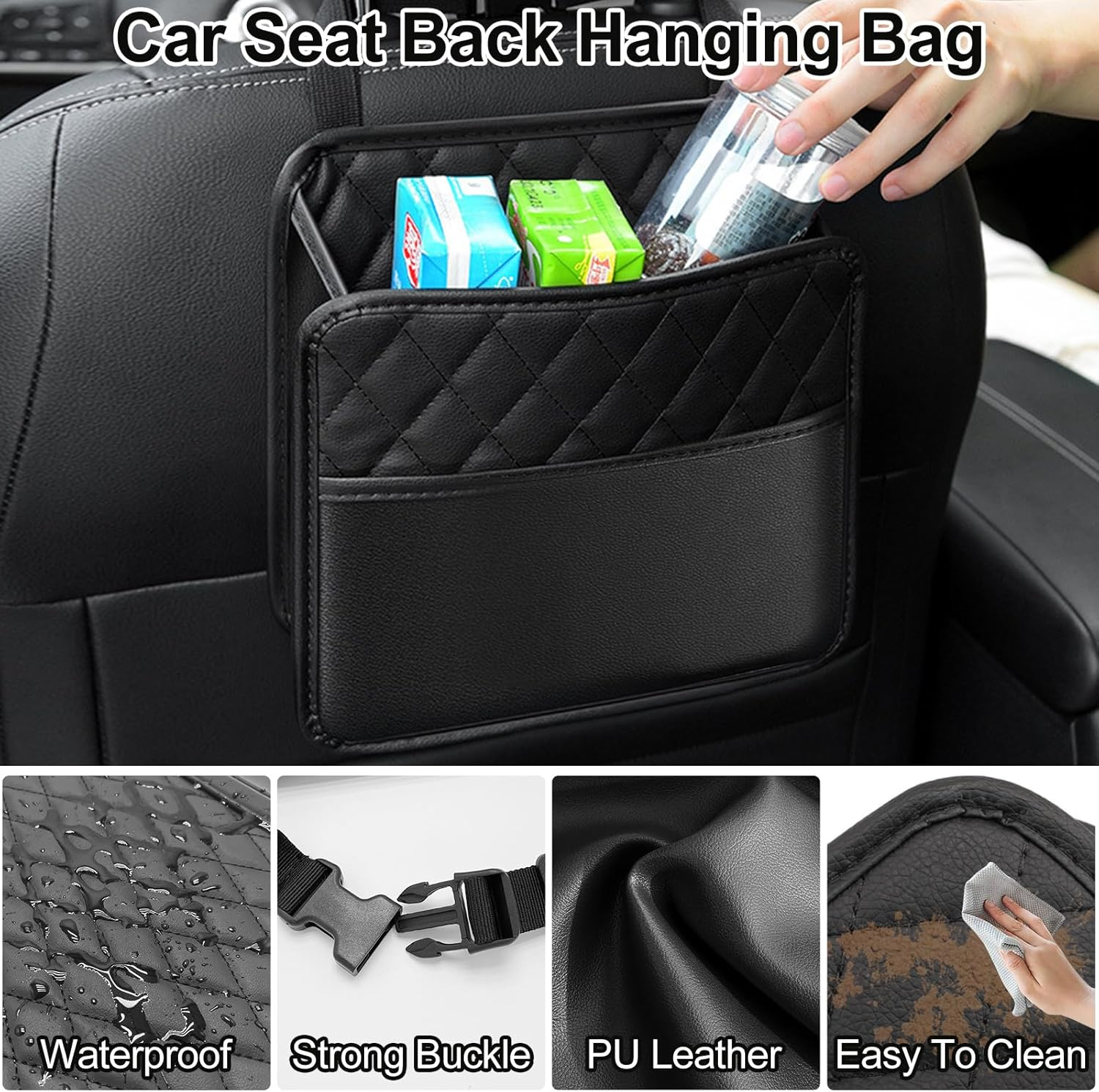 2 Pack Car Backseat Organizer with 60 Trash Bags, Car Seat Back Hanging Storage Bag Handbag Document Holder Universal Multi Pocket Storage Box Organizers Tidy Pouch for Ipad,Bottle,Books,Tissues,Snack image number 3