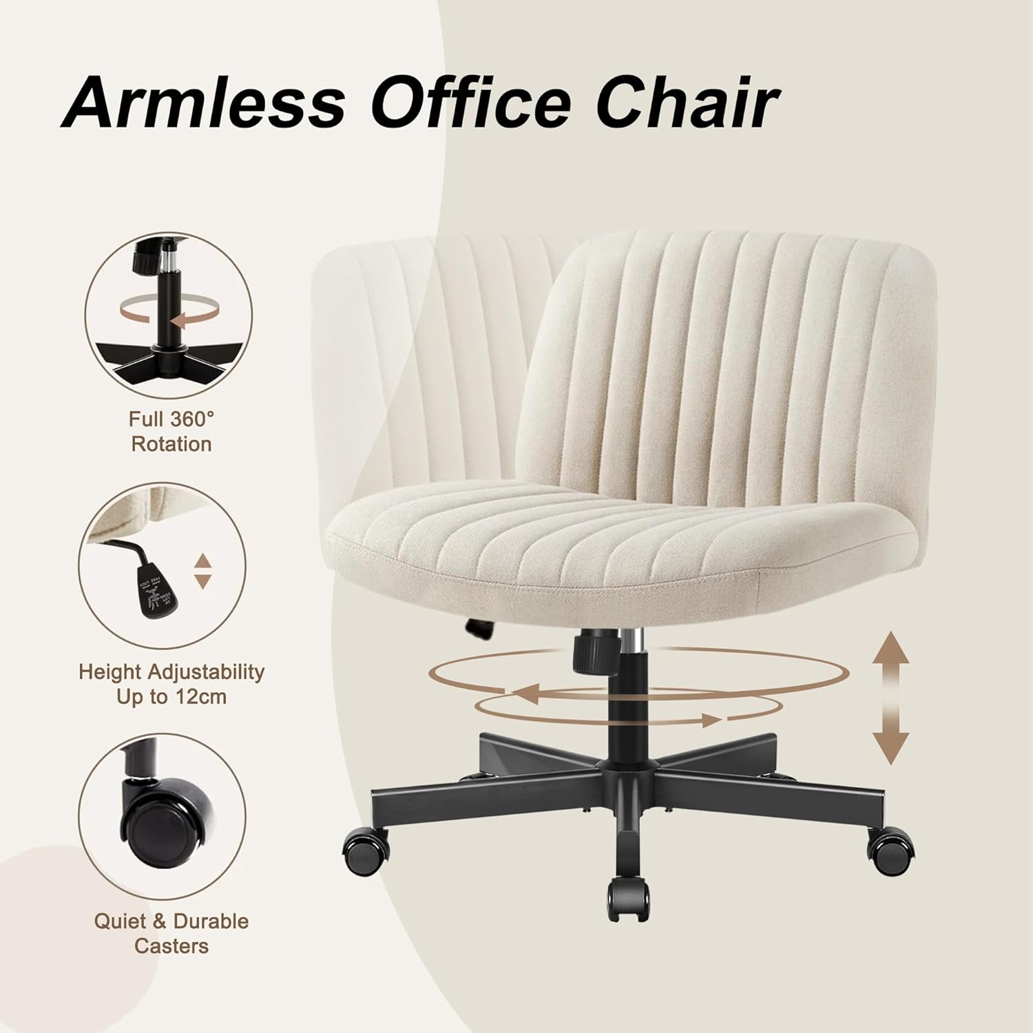 ONEIN Cross Legged Chair, Armless Office Chair with Adjustable Height, 360&deg; Swivel, and Upholstered Cushioned Seat, Modern Ergonomic Desk Chair for Home Office, Vanity, and Study &ndash; Beige image number 5
