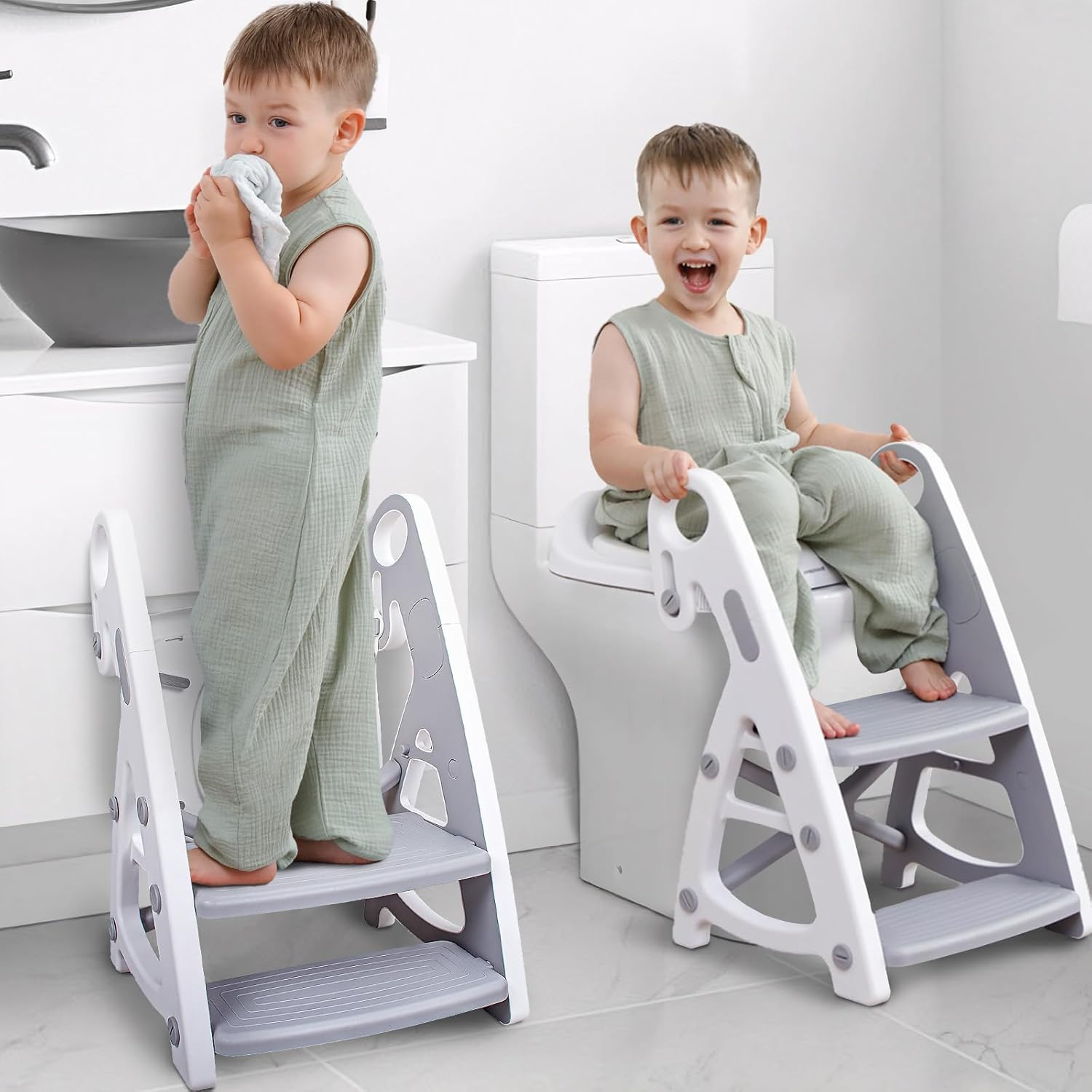 Primlect Potty Training Seat, 2-In-1 Toddler Toilet Seat with Step Stool, Ultra-Stable Potty Chair Attachment, Adjustable Seat and Step Ladder, Non-Slip Design, Splash Guard for Boys and Girls(Grey)