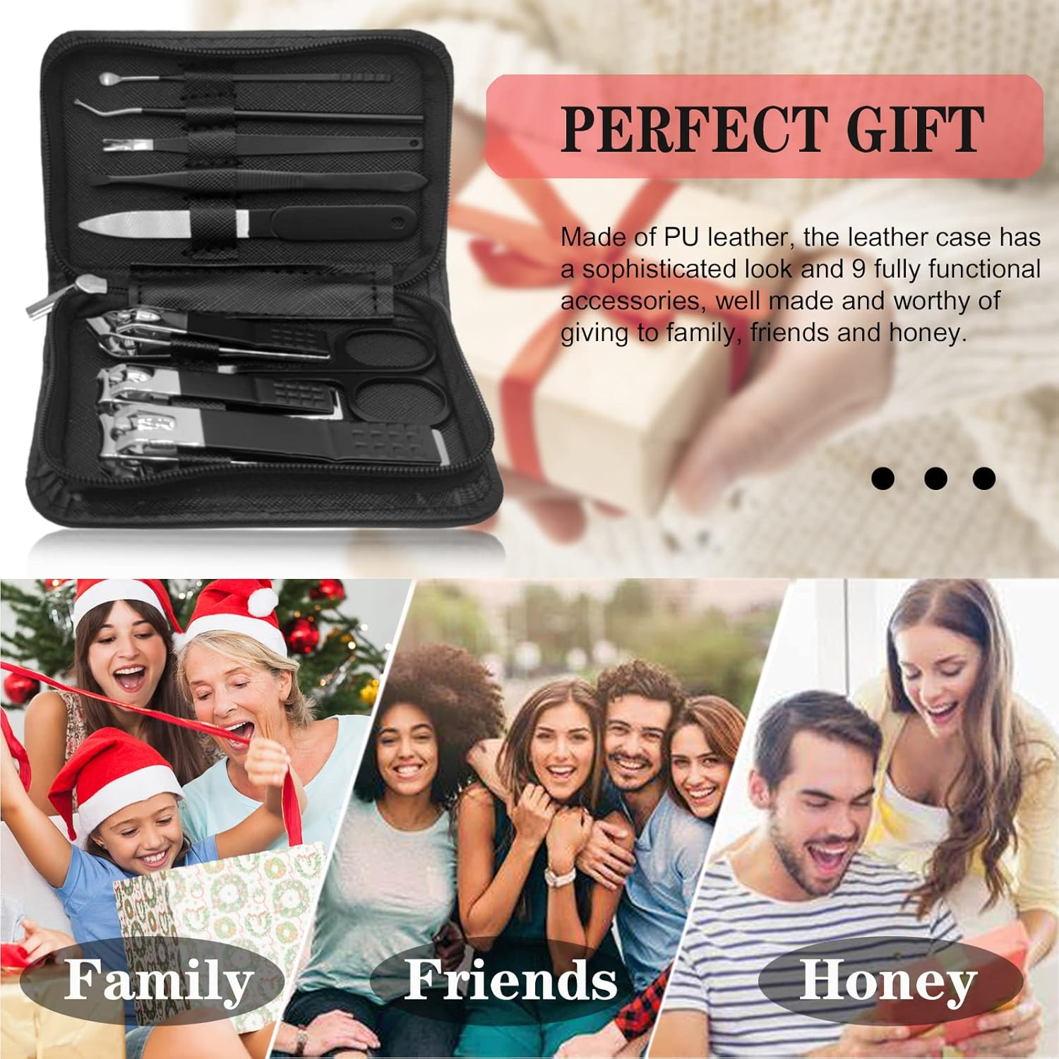 Nail Clippers Manicure Set | 9 in 1 Stainless Steel Professional Nail Care & Pedicure Kit with Zip | Nail Scissors Grooming Kit for Men Women Travel & Home Use Tools （Black） image number 5