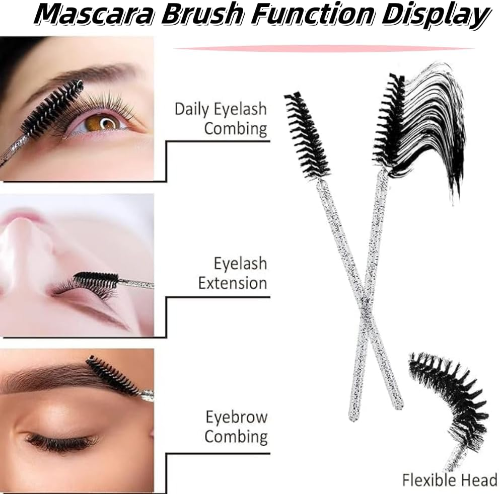Fabselection Crystal Eye Brushes, Mascara Wands, Eyelash Mascara Brushes, Eye Eyelash Applicator Brush,Eyebrow Brush Applicator Cosmetic Makeup Brush Tool Kits for Eyelash Extension (200 Pieces, Black)