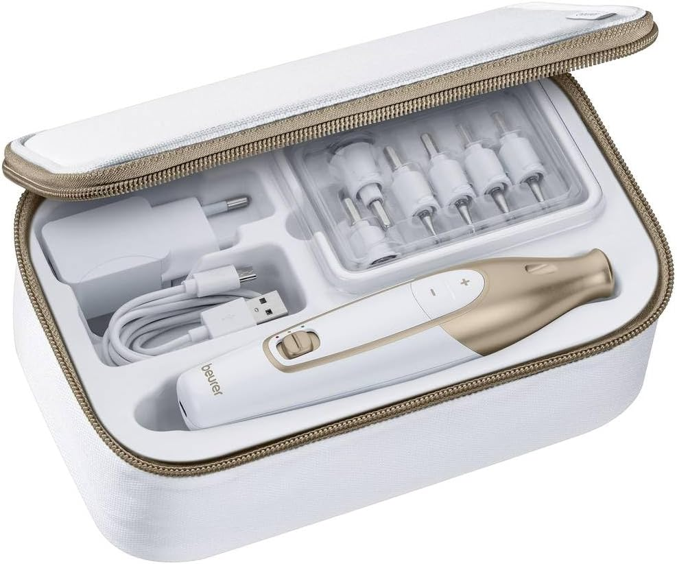 Beurer MP 64 Manicure/Pedicure Set, Electric Nail Cutter with Battery, 10 Attachments for Nail Care for Beautiful Hands and Feet, with LED Light, White and Gold