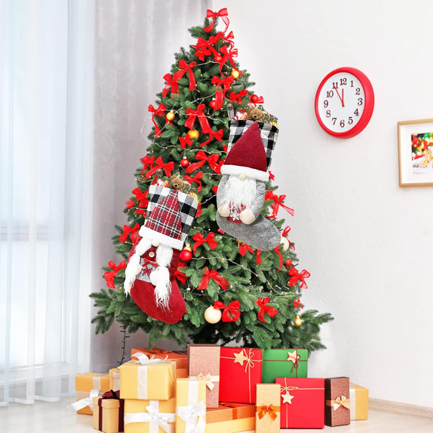 Meajore 2 Pcs Christmas Stockings New Set, 3D Gnomes Santa Christmas Stockings Personalized (18Inch) Soft Classic Red and Grey Fireplace Hanging for Family Holiday Xmas Party Decorations - Elk+Deer Head image number 3