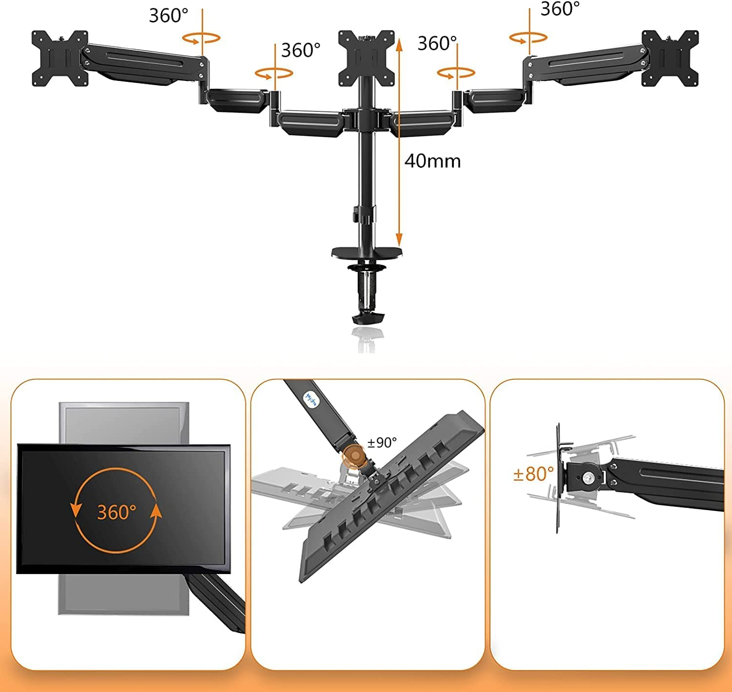 Triple Monitor Stand Mount-Gas Spring Stand with Clamp and Grommet Base, Fully Adjustable Desk Mount Fits Three 17-27 Inch LCD Computer Screens, Each Arm Holds up to 13.2Lbs,(Md8003) - Md8003 image number 3