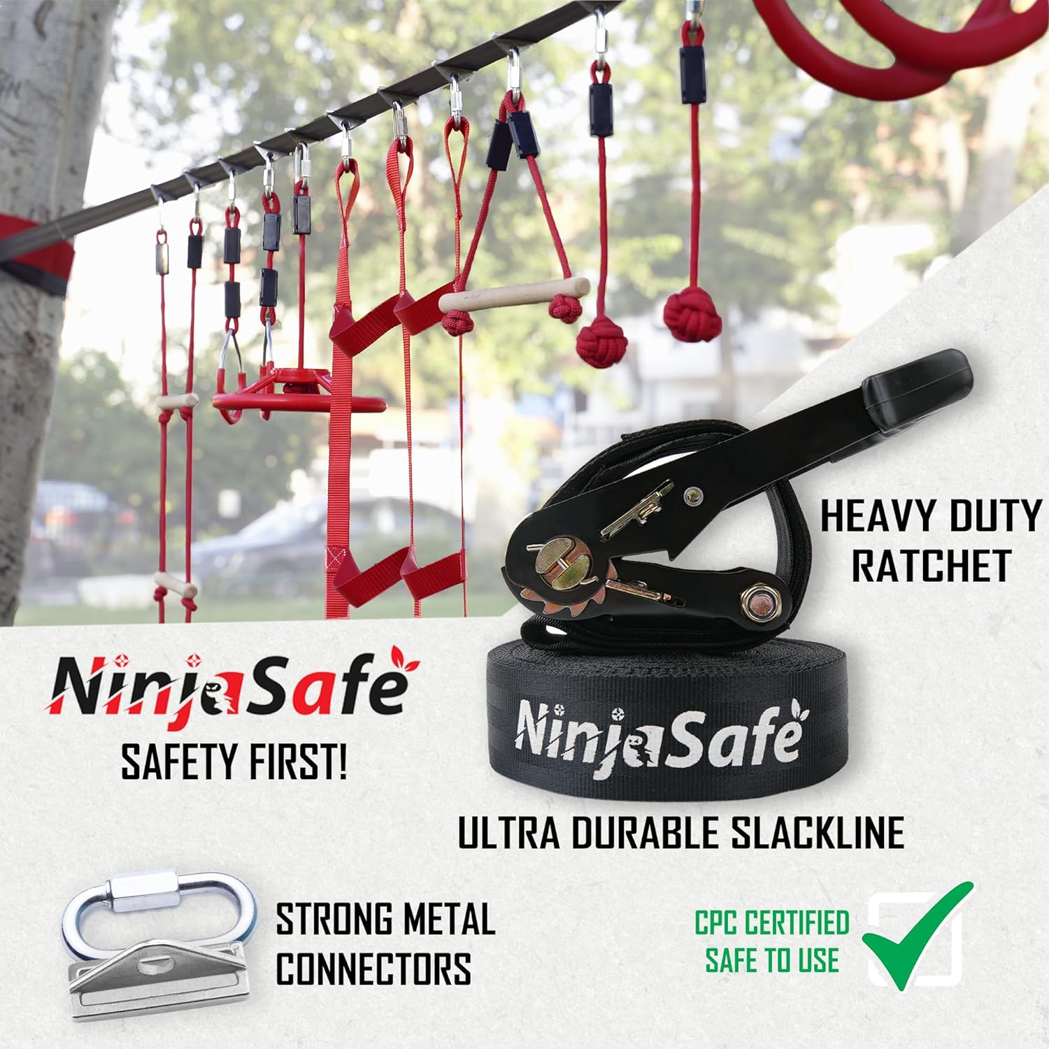 Ninja Obstacle Course for Kids Backyard - 10 Durable Obstacles and 50' Slackline - Outdoor Playset Equipment for Girls & Boys with Climbing Net image number 4