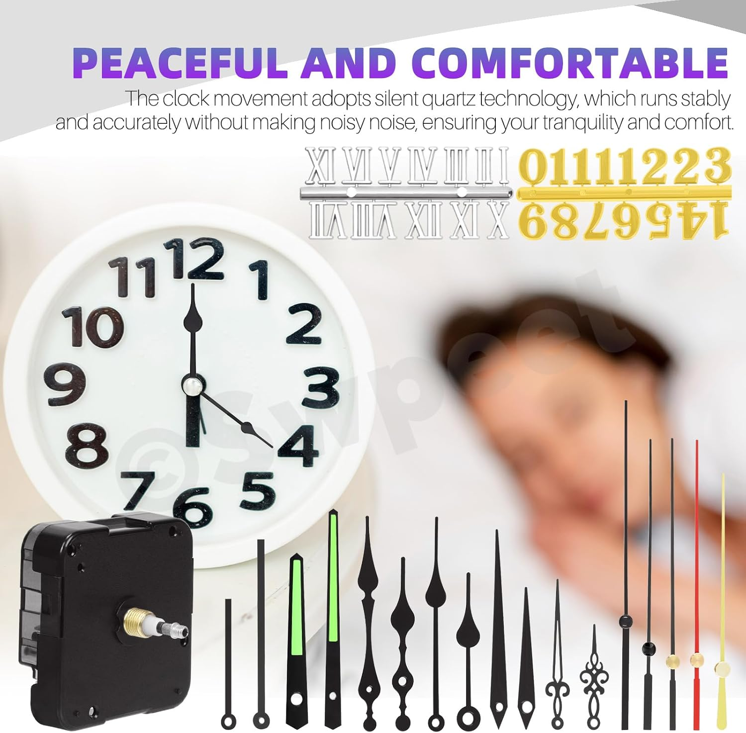 Swpeet 6 Pcs 13Mm / 0.51 Inches Long Shaft Clock Movement Mechanism Kit, 6 Clock Movement with 6 Hooks, 6 Different Pairs of Hands Clock, 6 Sets Mounting Hardware, 2 Set Clock Numerals for DIY Clock