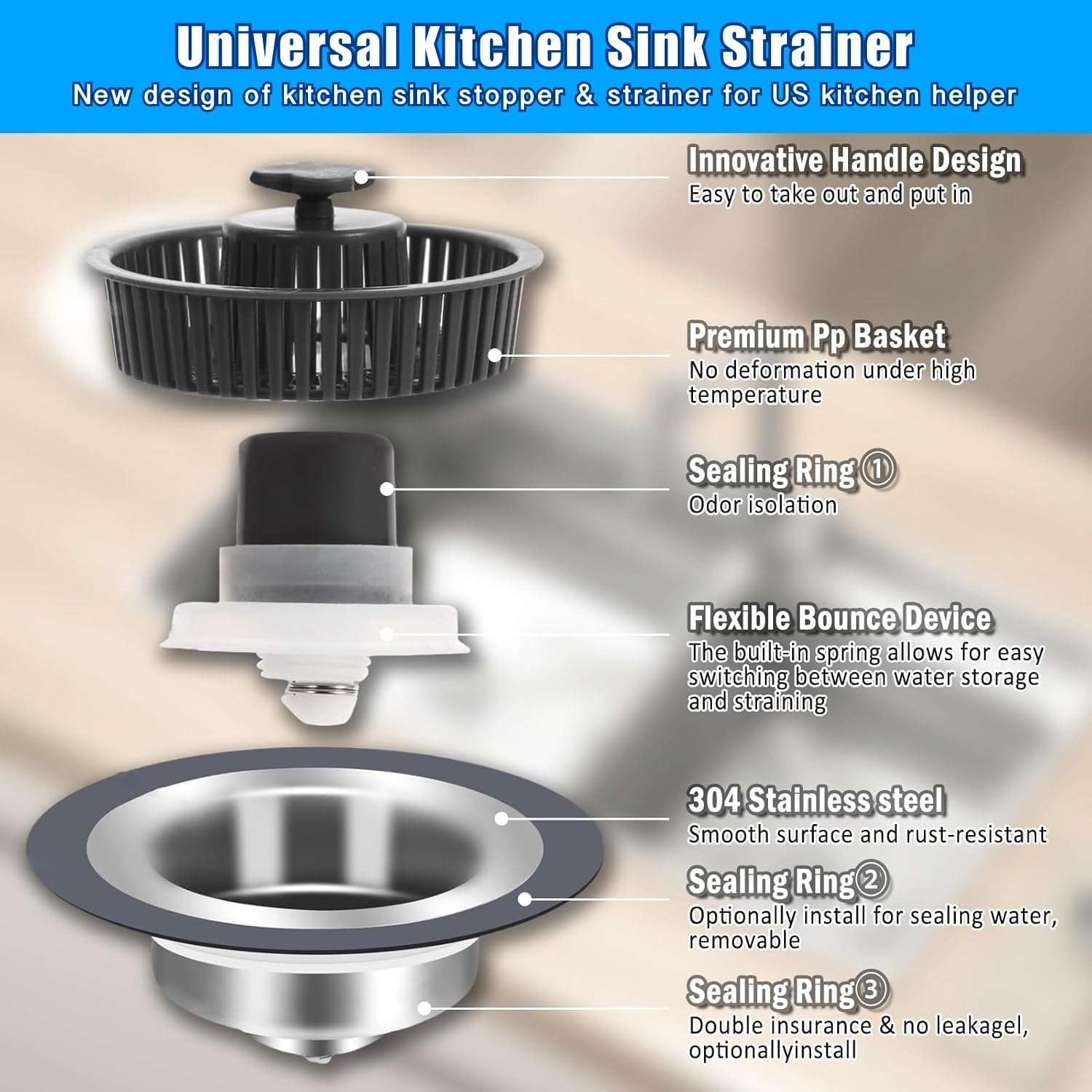 2 Pcs Kitchen Sink Drain Strainer, Upgraded 3 in 1 Kitchen Sink Drain Strainer Set, 304 Stainless Steel Sink Stopper, Silicone Anti-Clogging Catcher Basket,3-Layer Leak-Proof Silicone Ring Filter image number 2