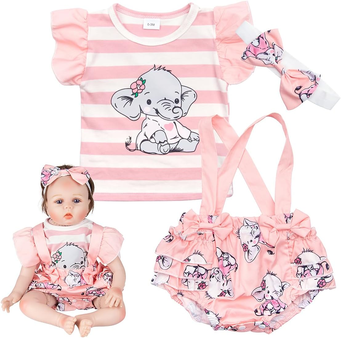 Reborn Baby Girl Doll Clothes Orange Suits Fit 20-22 Inch Reborn Dolls Girl Outfits Accessories 3 Pcs Set with Elephant Patterns image number 4