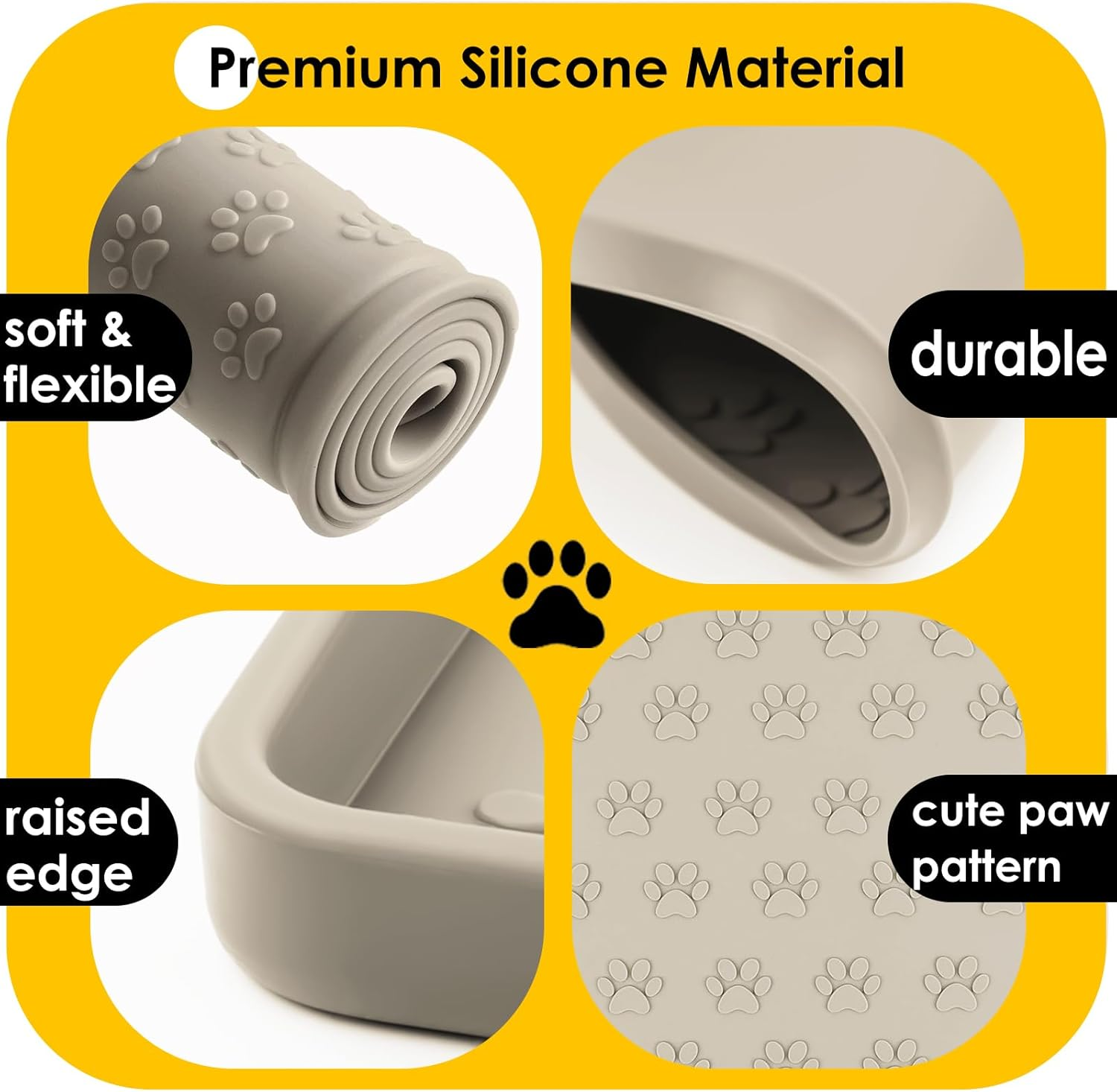 Silicone Dog Cat Food Mat, Waterproof Slip Resistant Raised Edge Pet Feeding Mats, Pet Bowl Mat Anti-Messy and Prevent Spill on Floor, Dishwasher Safe (Beige, L: 24" X 16") - Beige image number 4