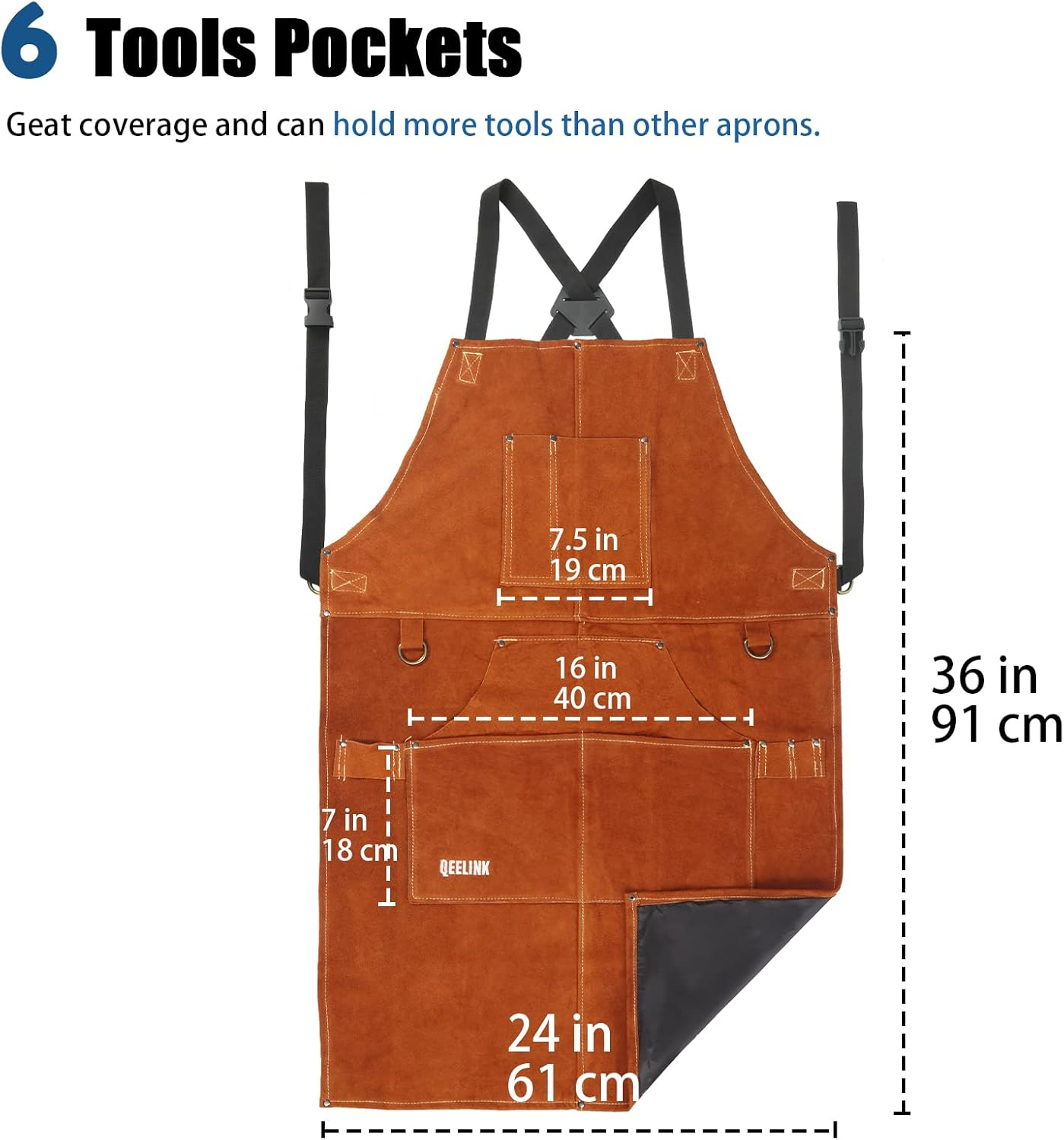 Qeelink Leather Welding Work Apron with 6 Tool Pockets, Heat & Flame Resistant Apron, 24" X 36", Adjustable M to XXXL image number 4
