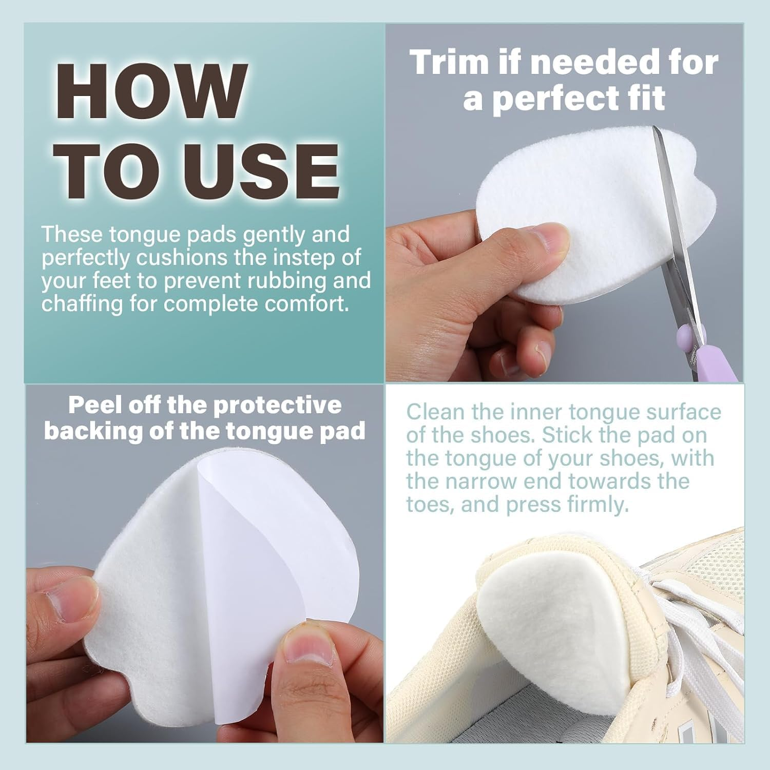 Premium Felt Tongue Pads Cushion for Shoes - Extra Soft Self-Adhesive Cushion, Non Slip Tongue Cushions Inserts for Loose Shoes, Prevent Rubbing & Blisters for Men and Women (Large, White)​​10 Pairs image number 3