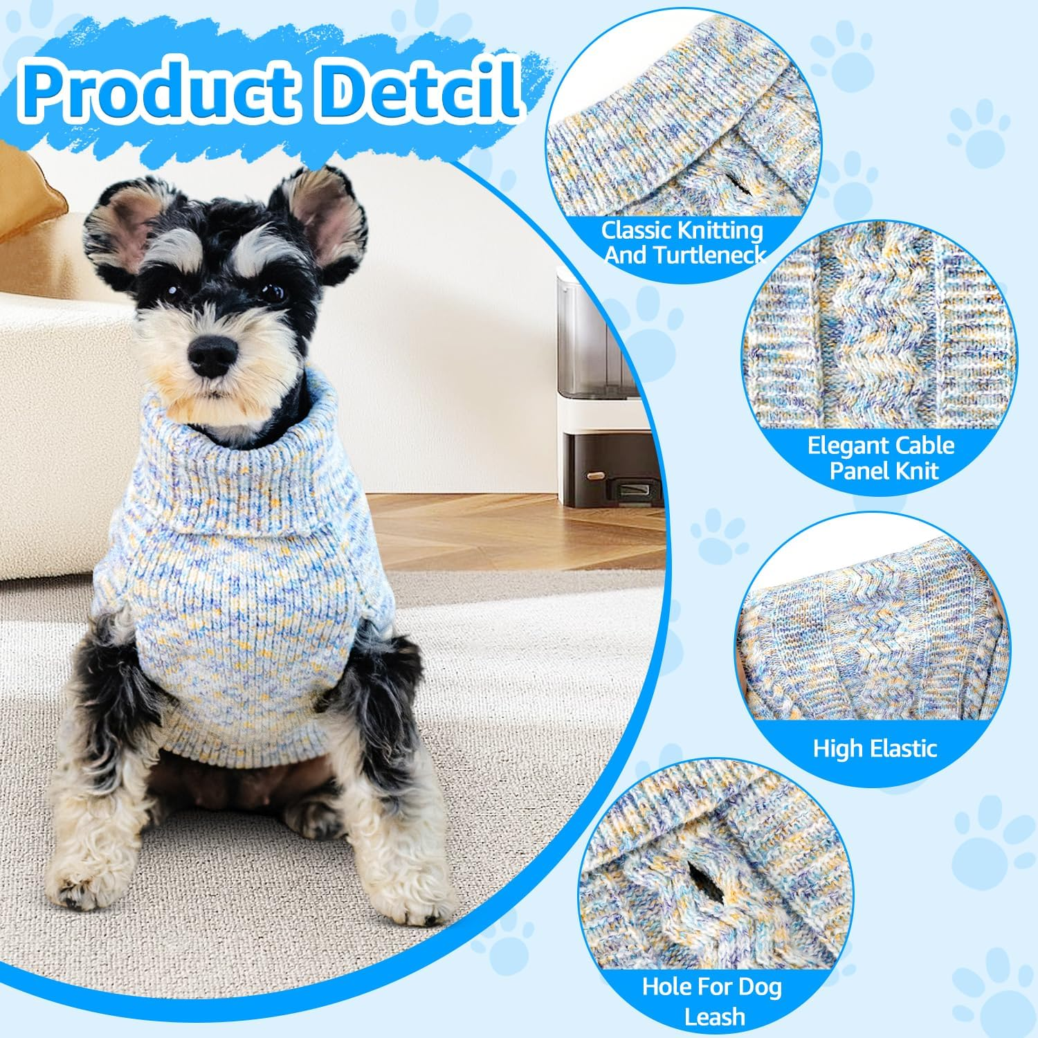 AUTOWT Dog Sweater Sweatshirt - Turtleneck Classic Cable Knitted Doggie Knitwear with Leash Hole,Winter Warm Soft Jumpers Pet Pullover Coat Clothes for Puppy Small Medium Dogs