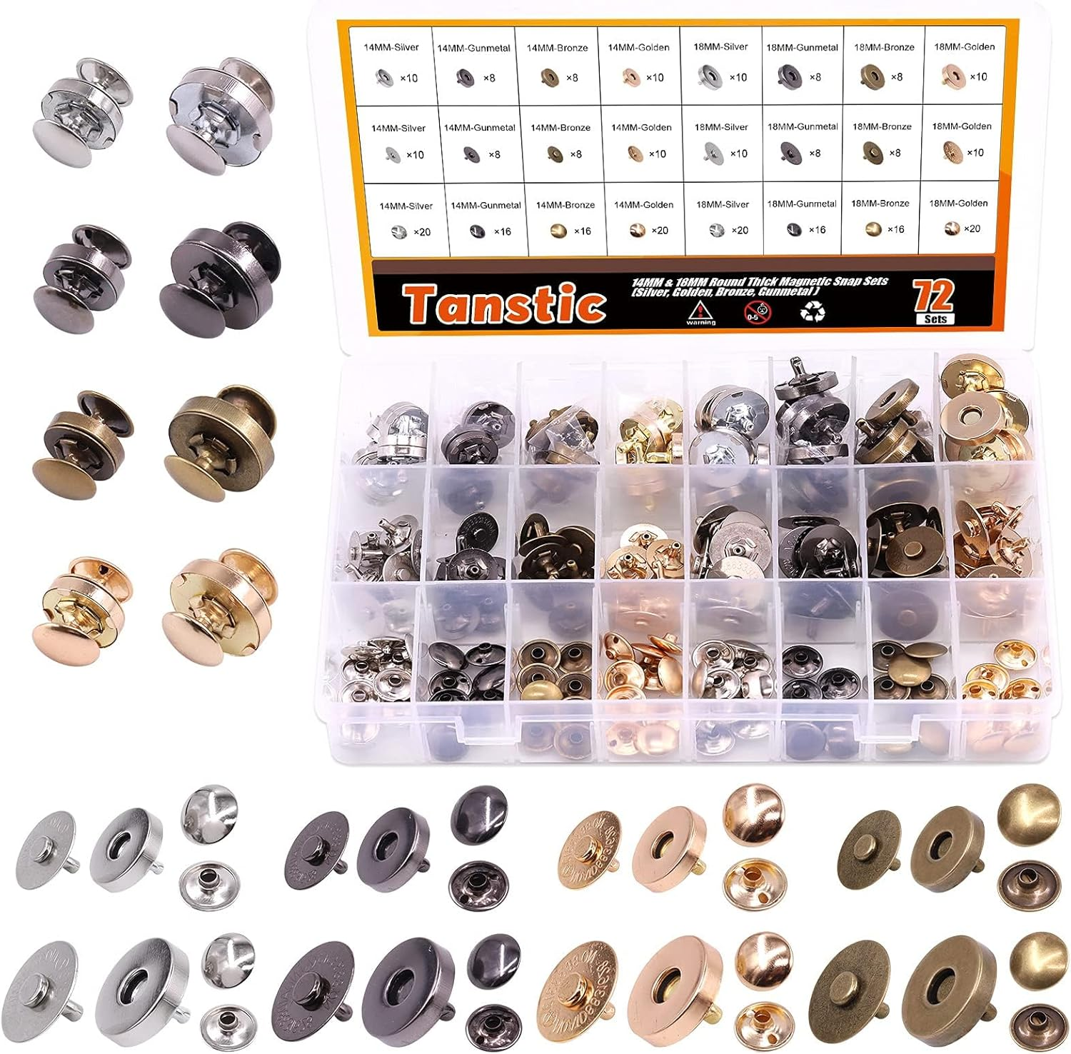 Tanstic 72 Sets 14Mm and 18Mm 4 Color round Magnetic Snap Sets, Strong Magnetic Button Clasps Double-Sided Magnetic Leather Snaps for Clothes, Jackets, Jeans Wears, Bracelets, DIY Craft Sets image number 1