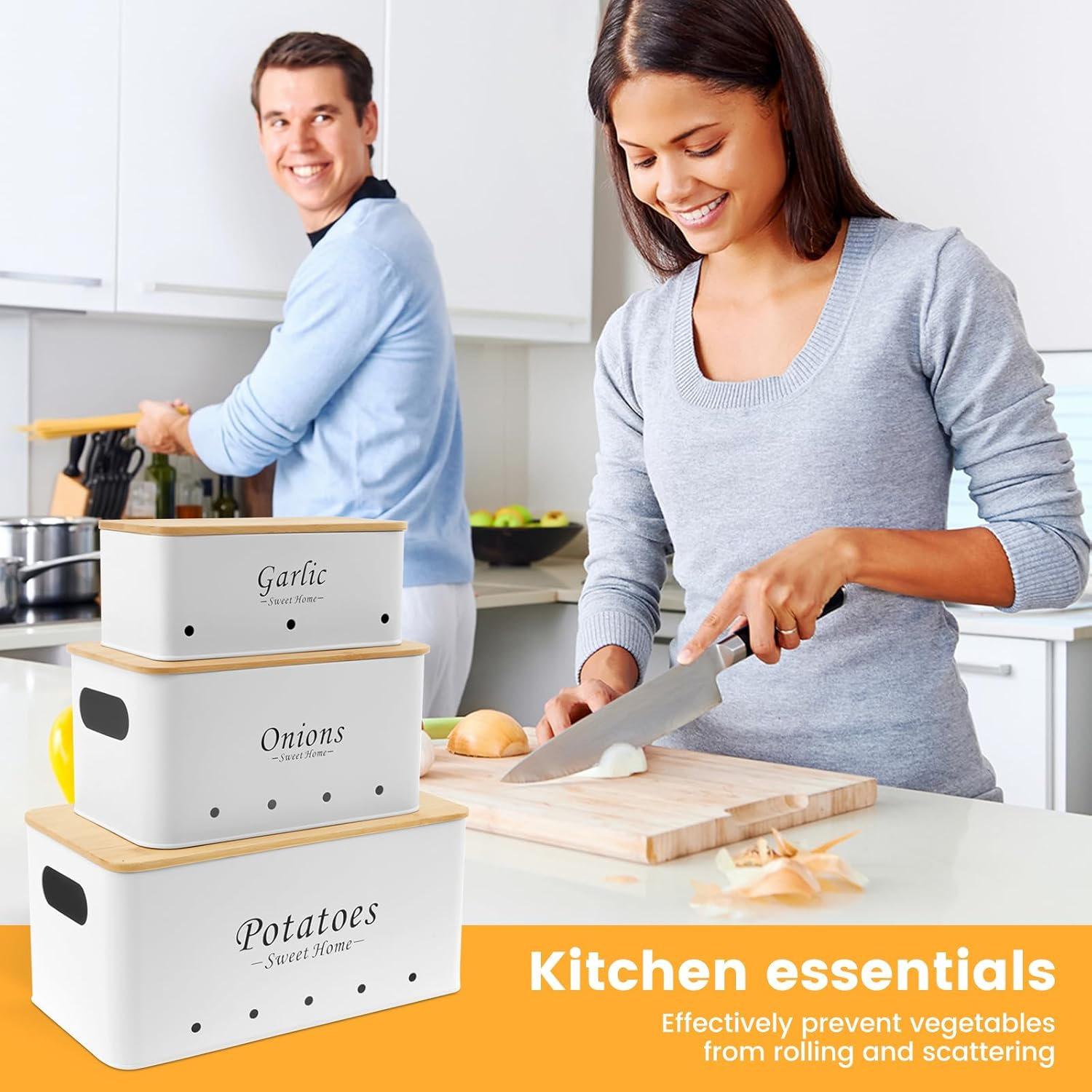 3 Pcs Potato and Onion Garlic Storage Bin, Kitchen Vegetable Storage Containers, Potato Onion Garlic Jars with Vent Hole, Carbon Steel Onion Storage Bin, Onion Garlic Storage Box Set (White) - Black image number 3