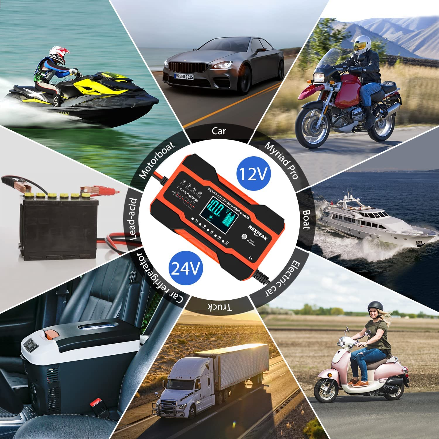 10A Smart Battery Charger, Car Battery Charger, Portable Battery Charger with LCD Display Car, Motorcycle, Truck, AGM, Gel, Wet, SLA (Red)