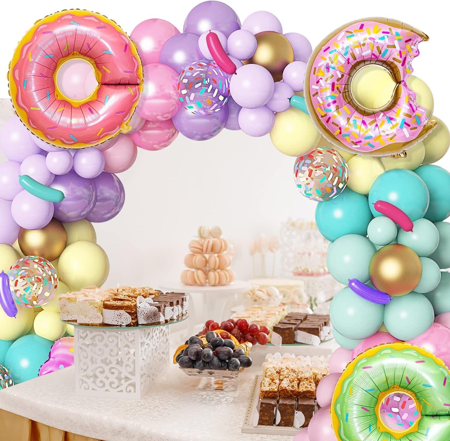 WODJR 139 PCS Donut Balloon Garland Donut Party Decorations Donut Balloons Doughnut Balloon Arch Kit Donut Foil Balloons Pink Yellow Balloons Rainbow Balloons for Ice Cream Donut Party Supplies