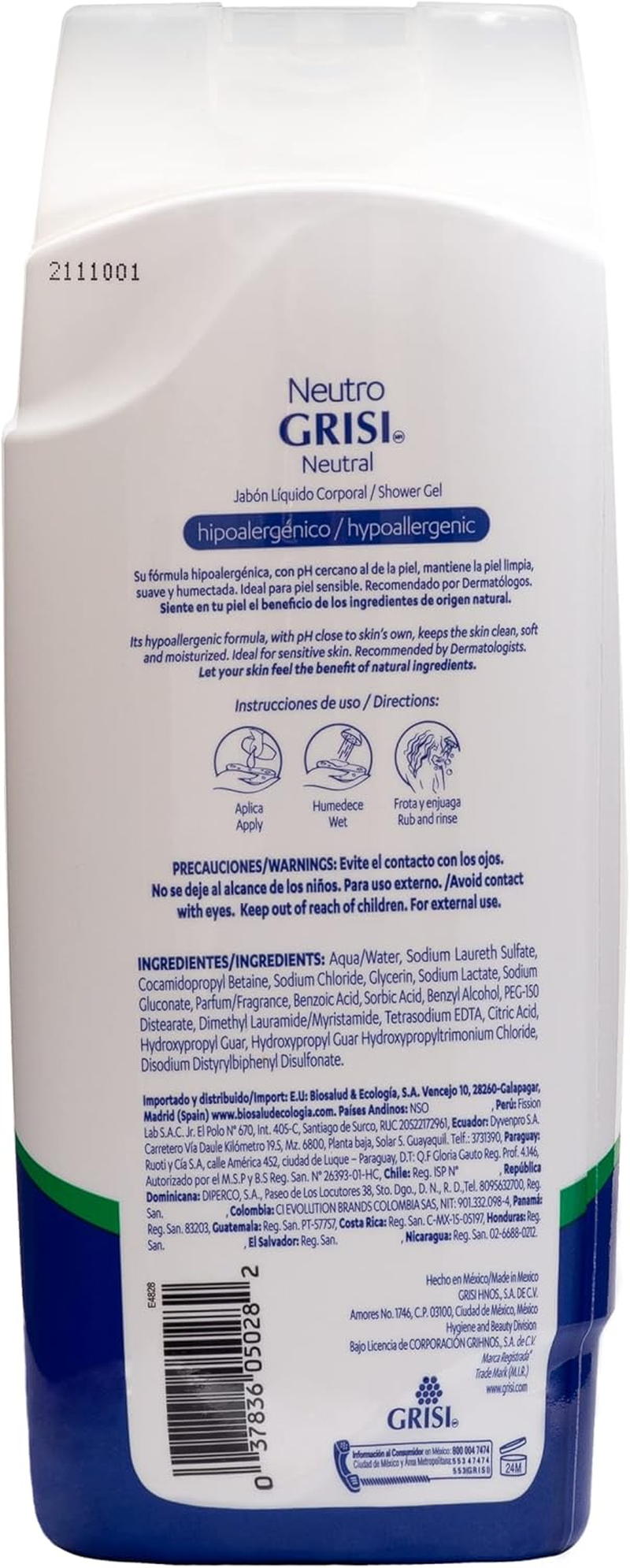 Grisi Neutral Shower Gel, 2-Pack of 15.2 Fo Bottles image number 1