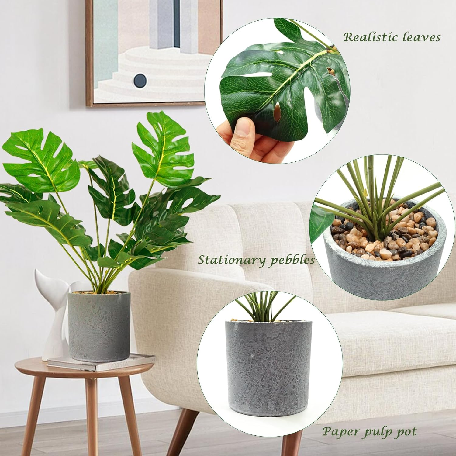 Lenamos 2 Pack Fake Plants Artificial Potted, 16" (40Cm) Faux Plants for Office Desk Home Farmhouse Decor Desk Shelf Living Room Bathroom Kitchen Greenery Decoration (Monstera Leaf + Peacock Leaf) image number 3