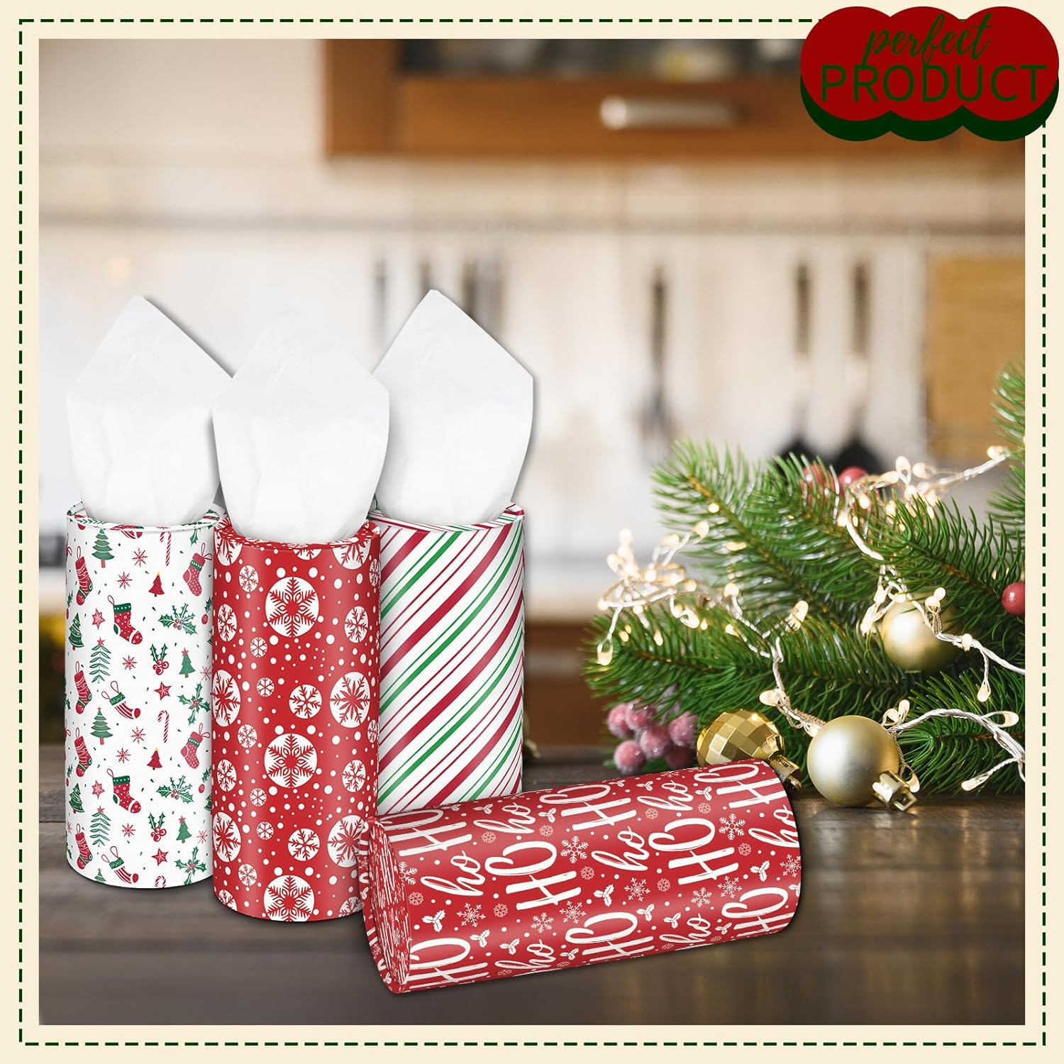 Christmas round Car Tissue Holder - Festive Bulk Facial Tissues, Holiday Decor for Cup Holders - Set of 4 Decorative Cylinders (Snowflakes, Ho Ho Ho, Candy Cane Stripes, Holiday Icons) image number 3