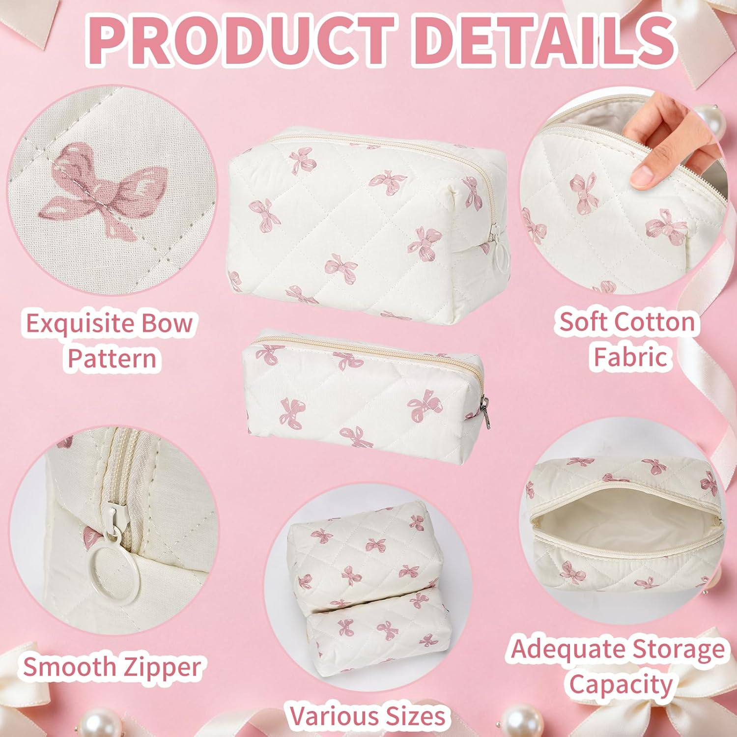 Pack of 2 Cosmetic Bags, Butterfly Knot Pattern Make up Bag with Zip, Soft Cotton Material Makeup Bag, Toiletry Bag for Women, Travel, Everyday, School (Cream White) image number 2