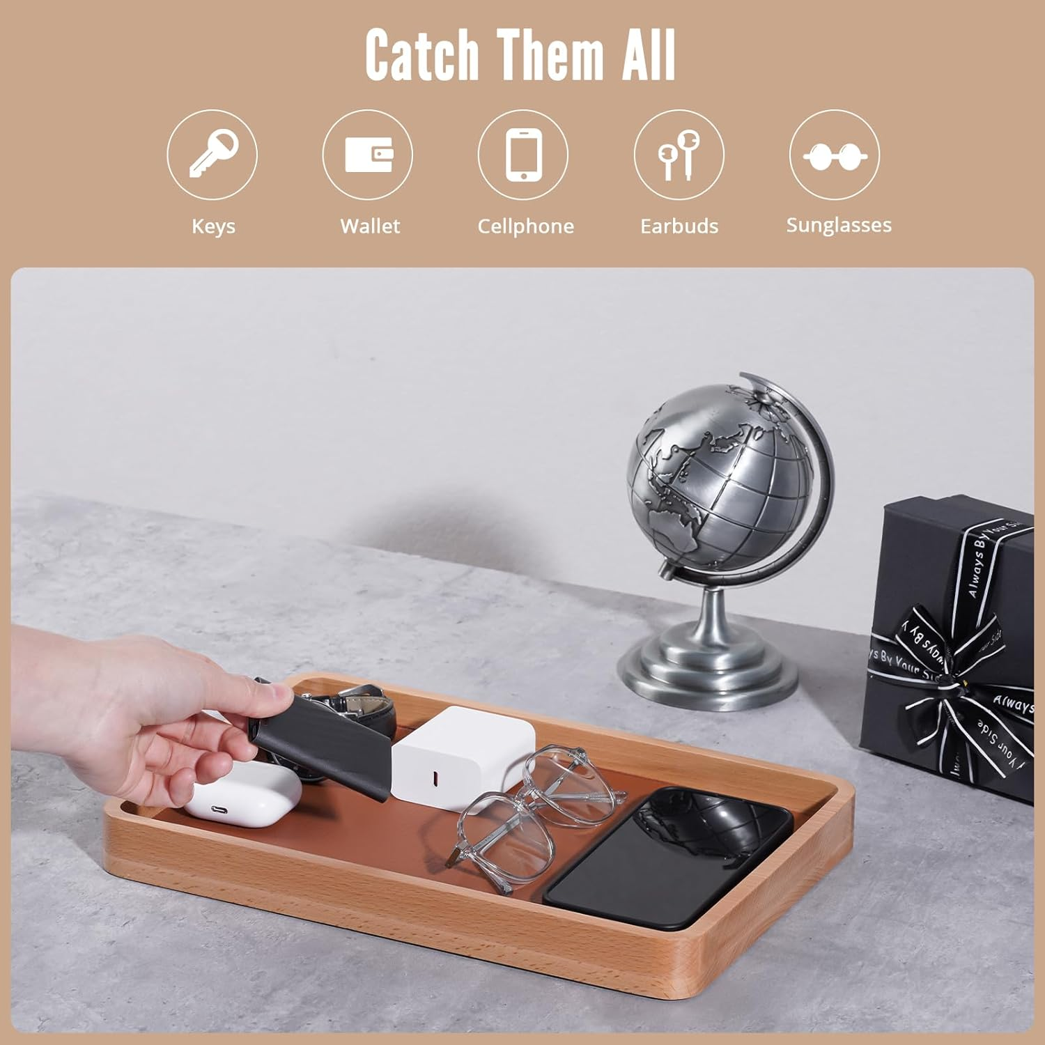 Procase Wooden Valet Tray for Men, Wood Catch-All EDC Organizer, Nightstand, Entryway Bedside Dump Holder, for Wallets, Keys, Watches, Phones, Loose Change, Trinkets -Lightbrown image number 3