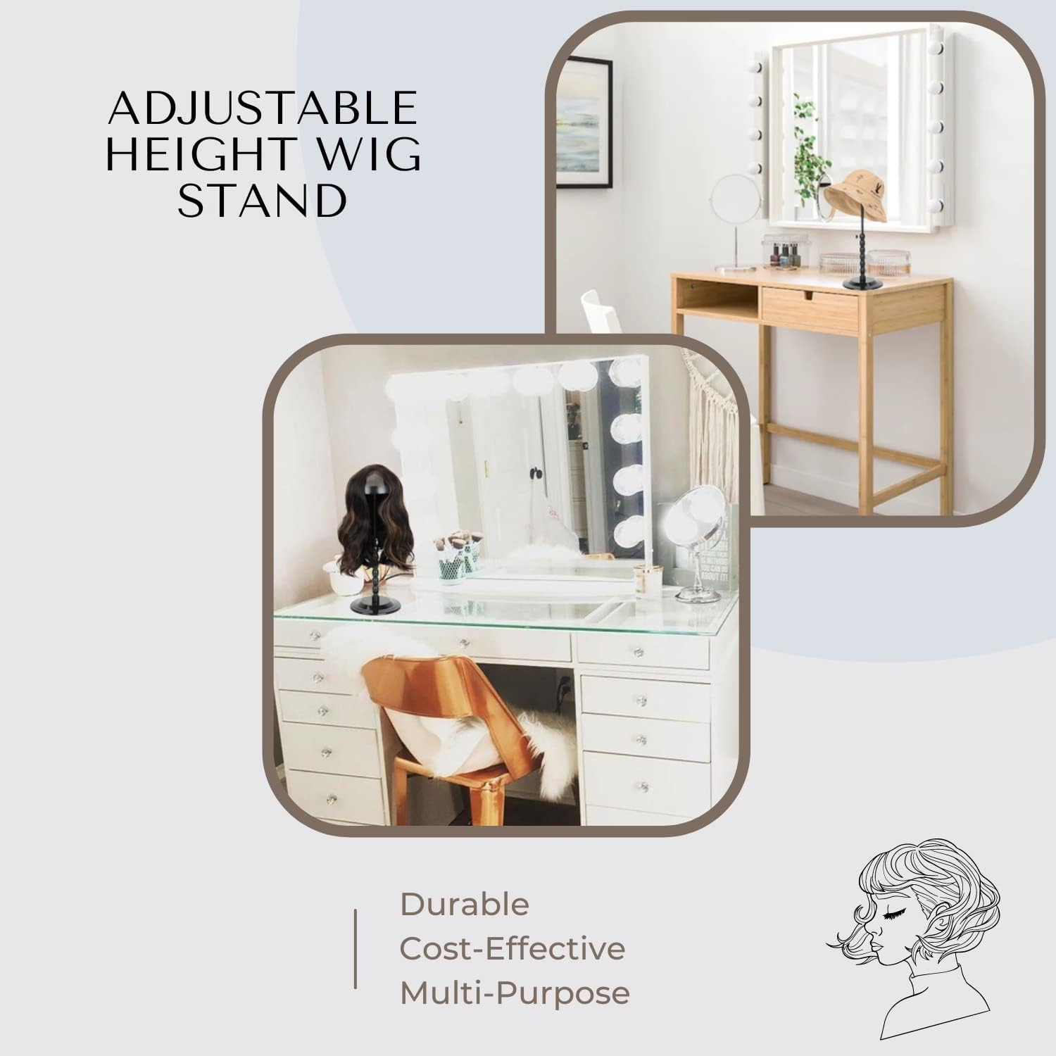 Lightmay Wig Stand - 2 Packs Portable Foldable Wig Hat with Velvet Cover Holder, Height Adjustable (12-18.8 Inches), Easy to Install, Black Plastic image number 2