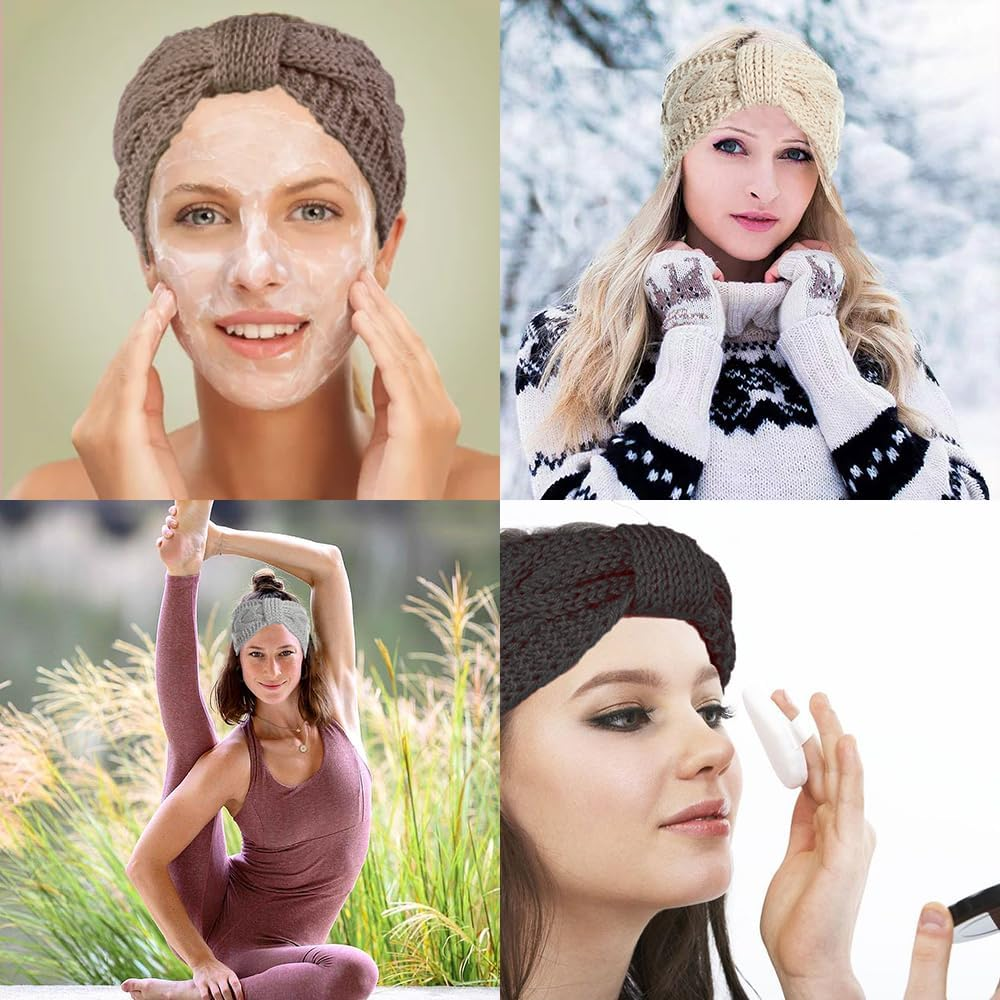 YOFASEN Pack of 2 Women'S Winter Headbands, Lined Fleece Hair Bands, Elastic Headband, Ear Warmer, Hairband, Crochet Hair Accessories, Knitted Headband for Women and Girls (White + Pink) - White + Pink image number 4