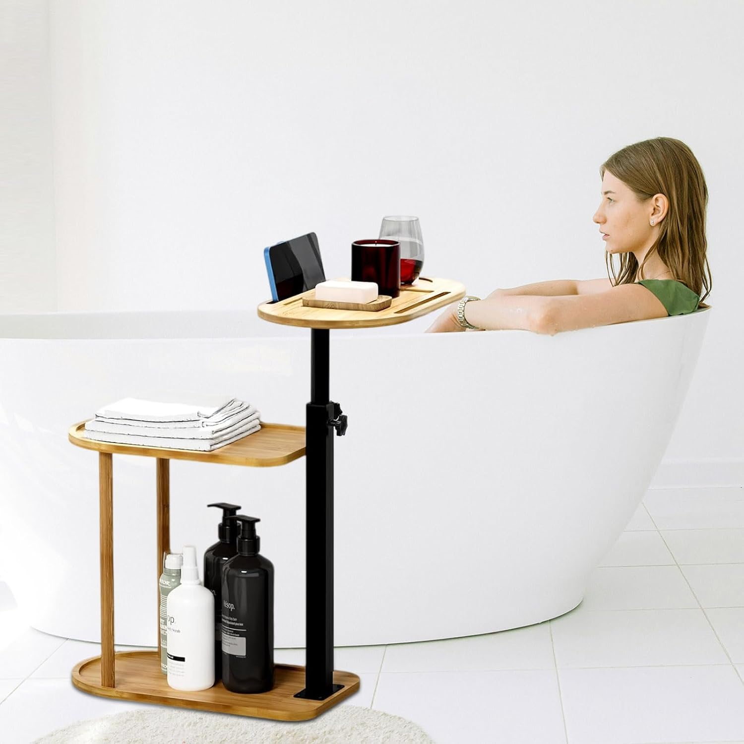 3 Layer Bathtub Tray Table,Bamboo Swivel Bathtub Side Table Height Adjustable,Freestanding Bathtub Tray for Tub against Wall,Bathtub Accessories&Bathroom Organizer for Luxury Home Spa (Black)