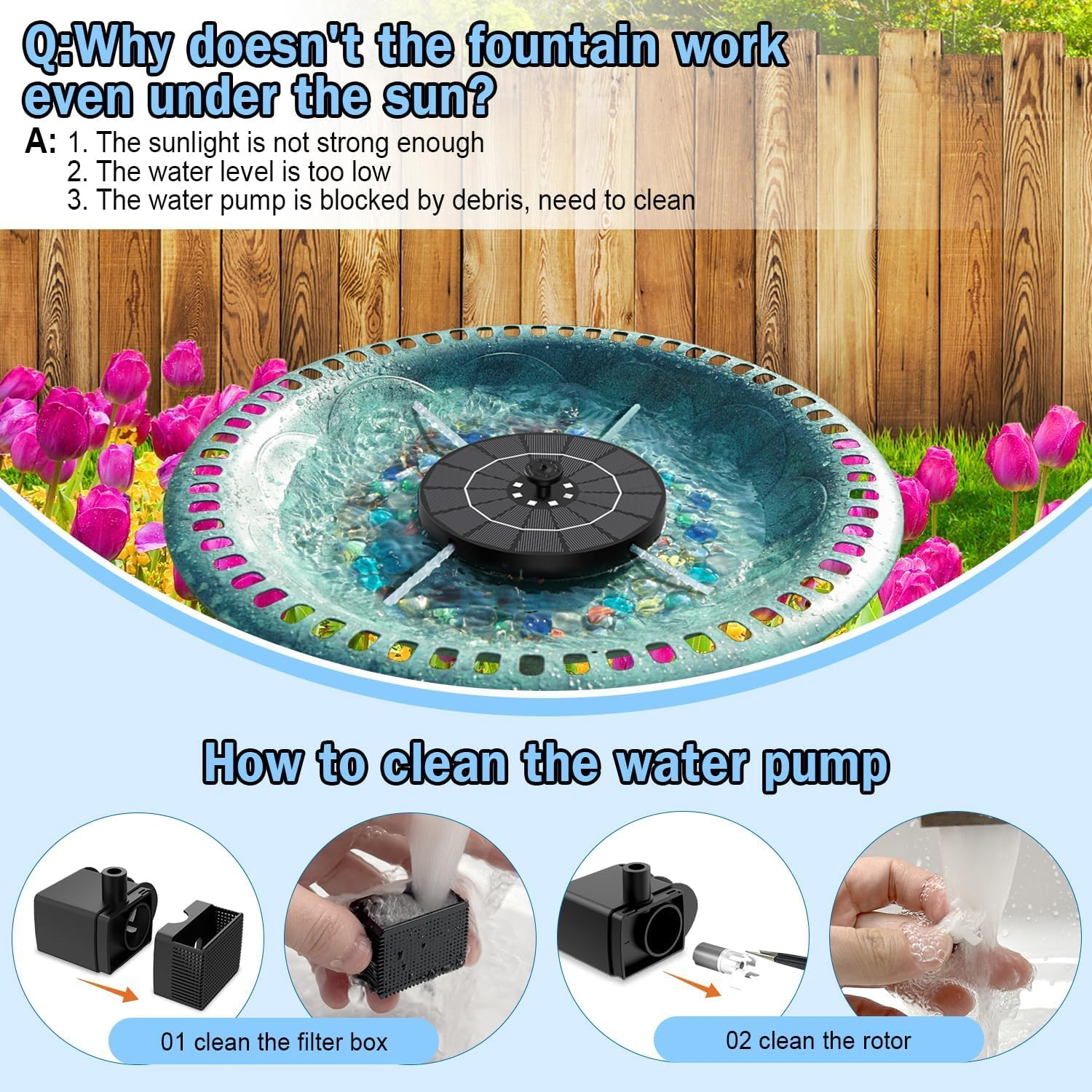Solar Fountain Water Pump with 7 Color LED Lights, Upgrade 2.5W Solar Fountain with 7 Nozzle, Free Standing Floating Solar Powered Water Fountain Pump for Bird Baths, Ponds, Patios, and Pools image number 4