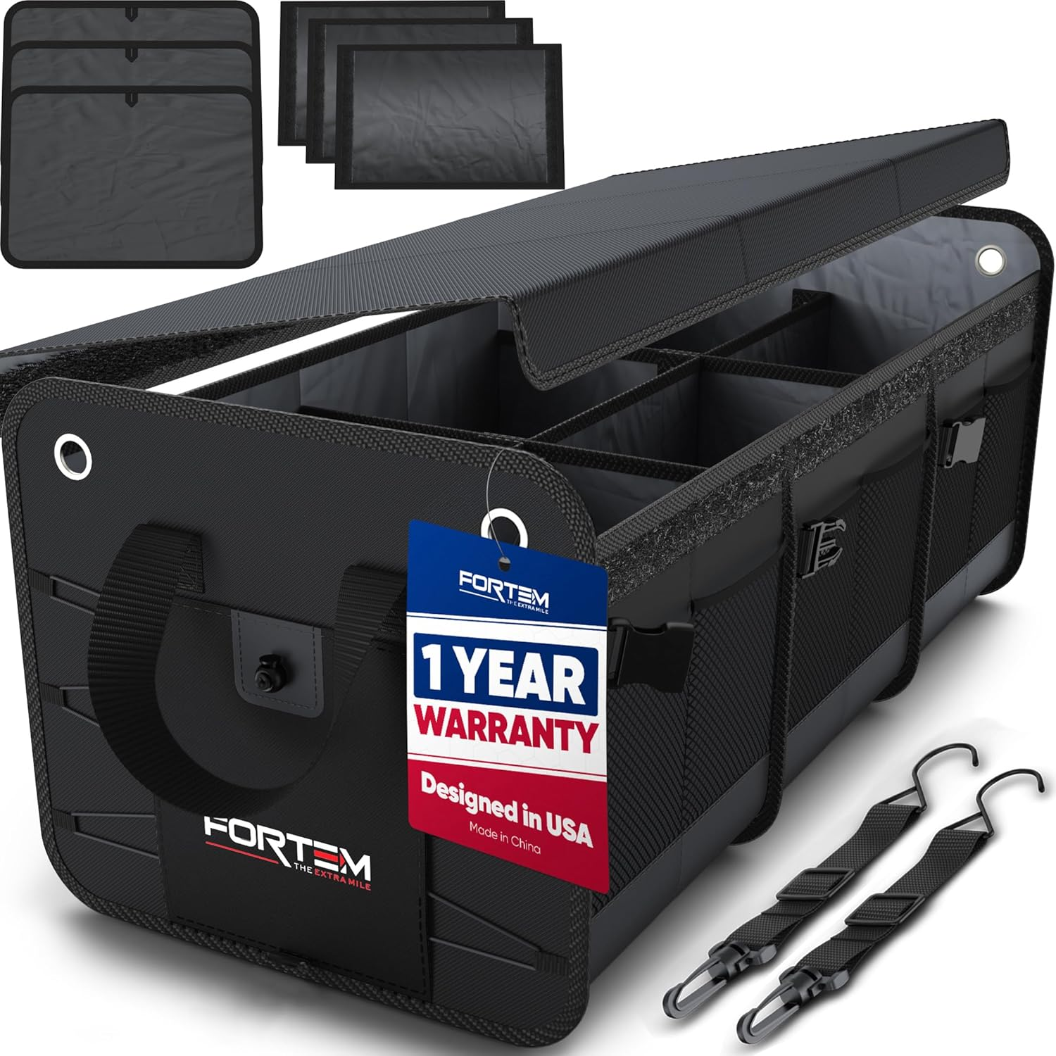 FORTEM Car Boot Organiser, Car Boot Tidy, Car Boot Storage, Collapsible Multi Compartment Car Organiser, Non Slip Bottom, Adjustable Securing Straps, Foldable Cover (3 Compartments, Black)