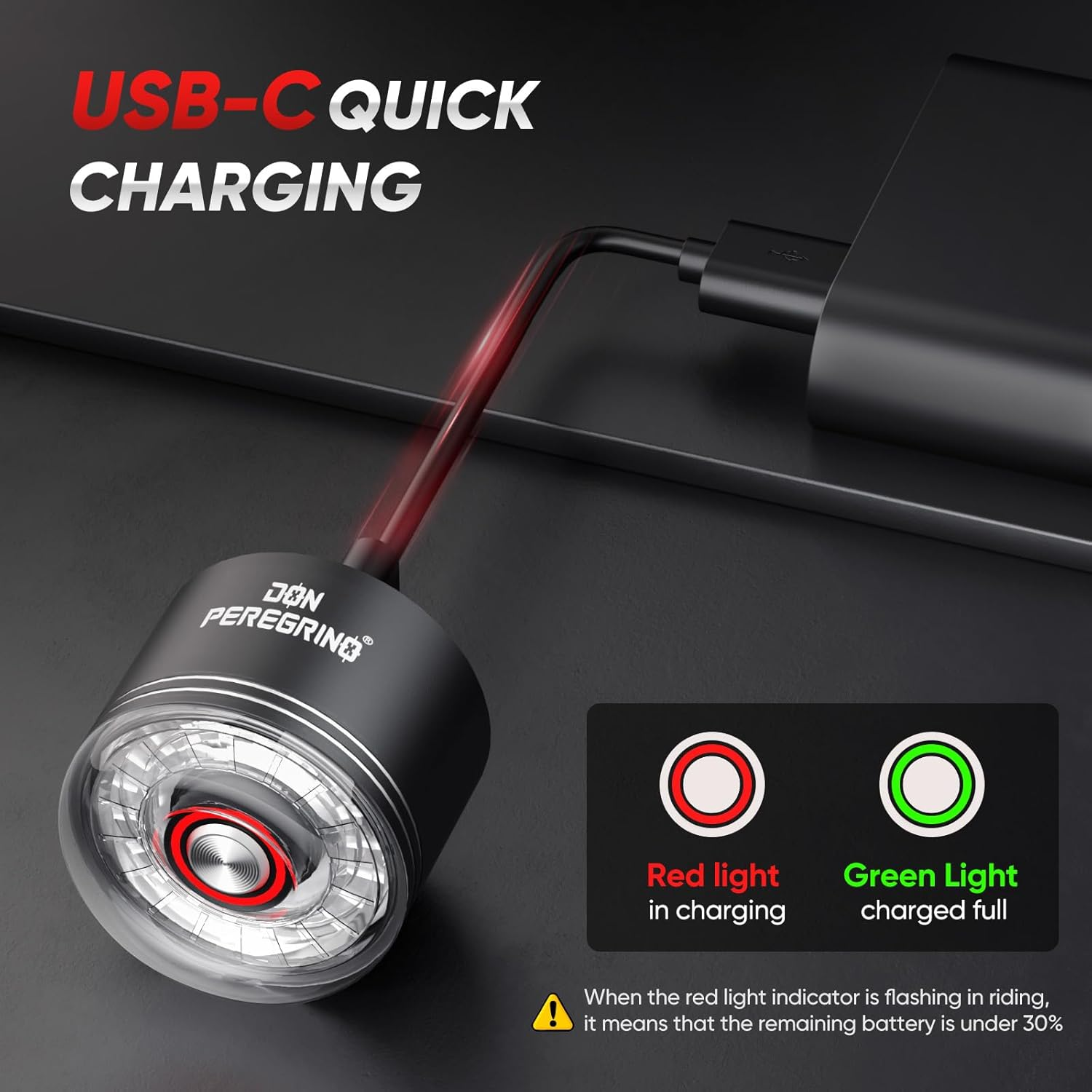 Rear Bike Light 30 Hours Autonomy - Aluminum Casing, Lightweight 28G, Waterproof IP65, USB-C Rechargeable, Quick Mount On/Off, DON PEREGRINO M3 image number 1