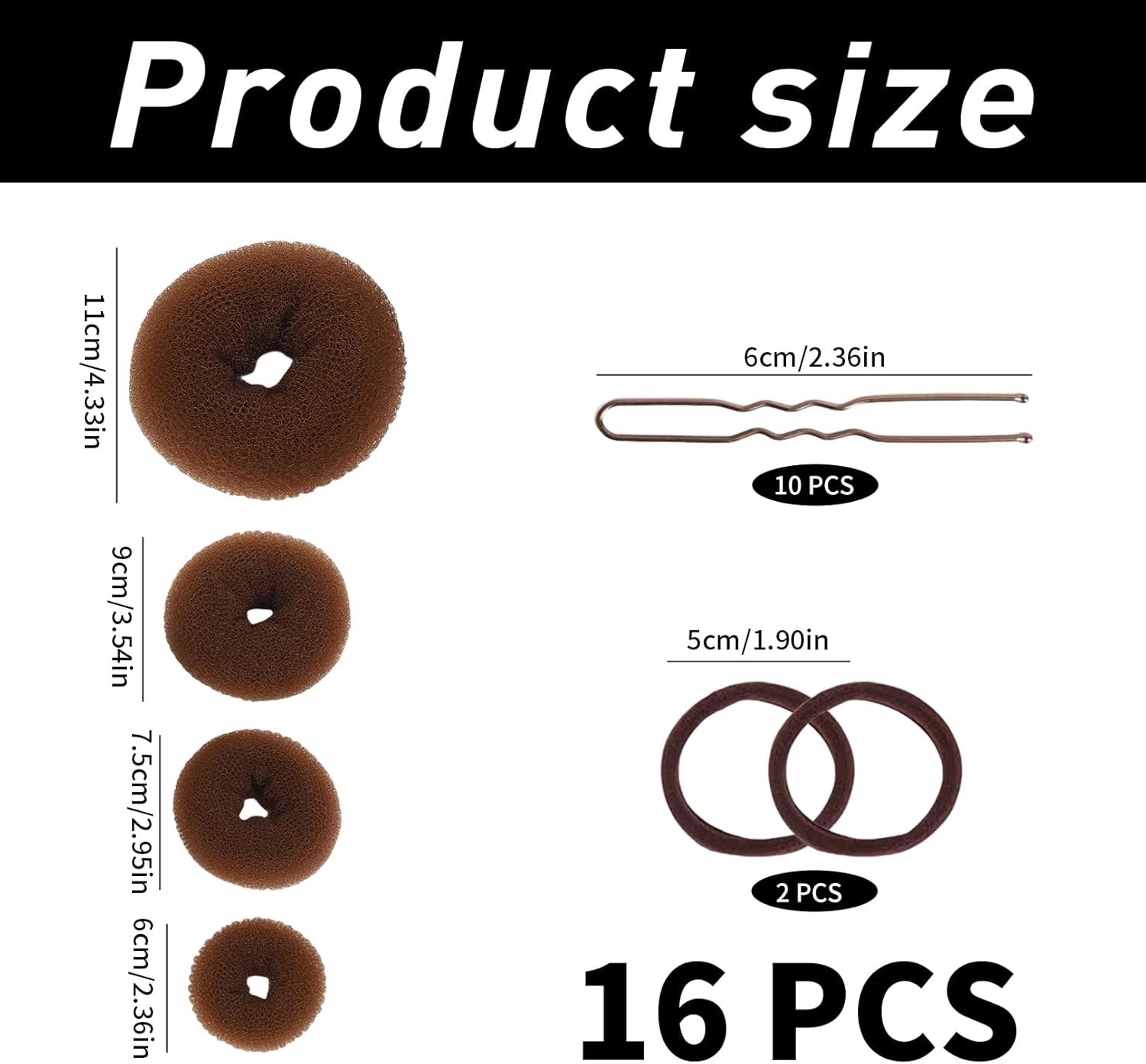 16-Piece Doughnut Hair Bun Set, Bun Maker Set for Dancers, Children, Girls (Brown) image number 3