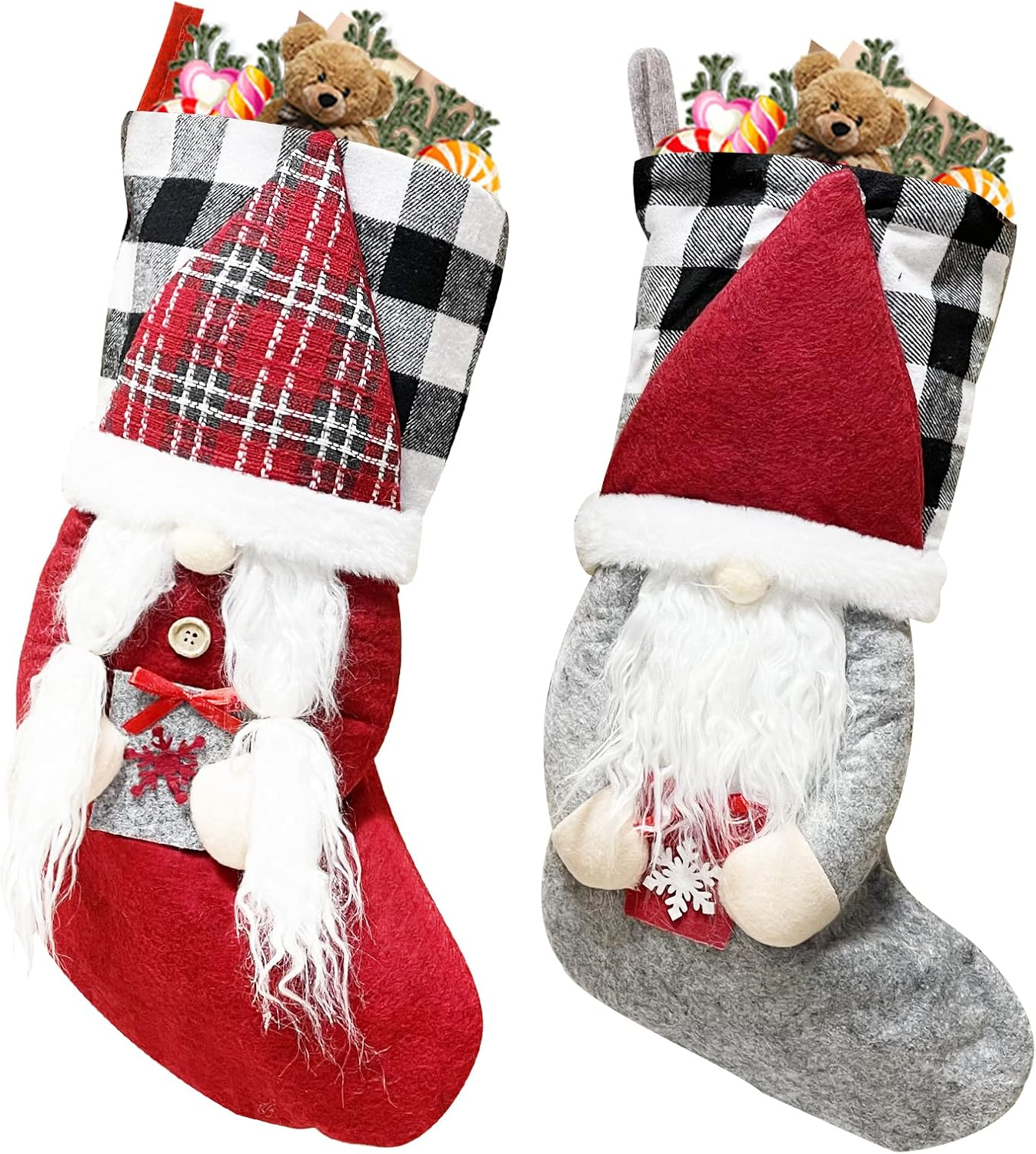 Meajore 2 Pcs Christmas Stockings New Set, 3D Gnomes Santa Christmas Stockings Personalized (18Inch) Soft Classic Red and Grey Fireplace Hanging for Family Holiday Xmas Party Decorations - Elk+Deer Head image number 4