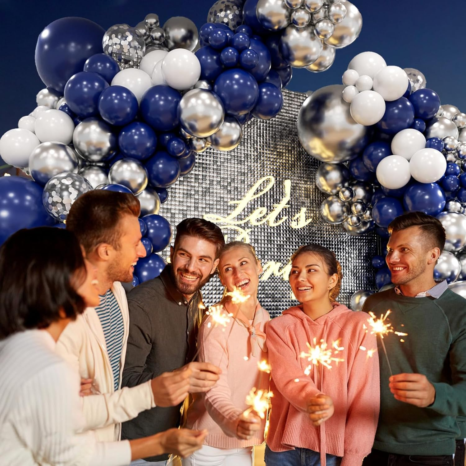 FOTIOMRG Navy Blue and Silver Balloon Garland Arch Kit, Royal Blue Metallic Silver White Balloons for Birthday Baby Shower Wedding Graduation Party Decorations image number 6