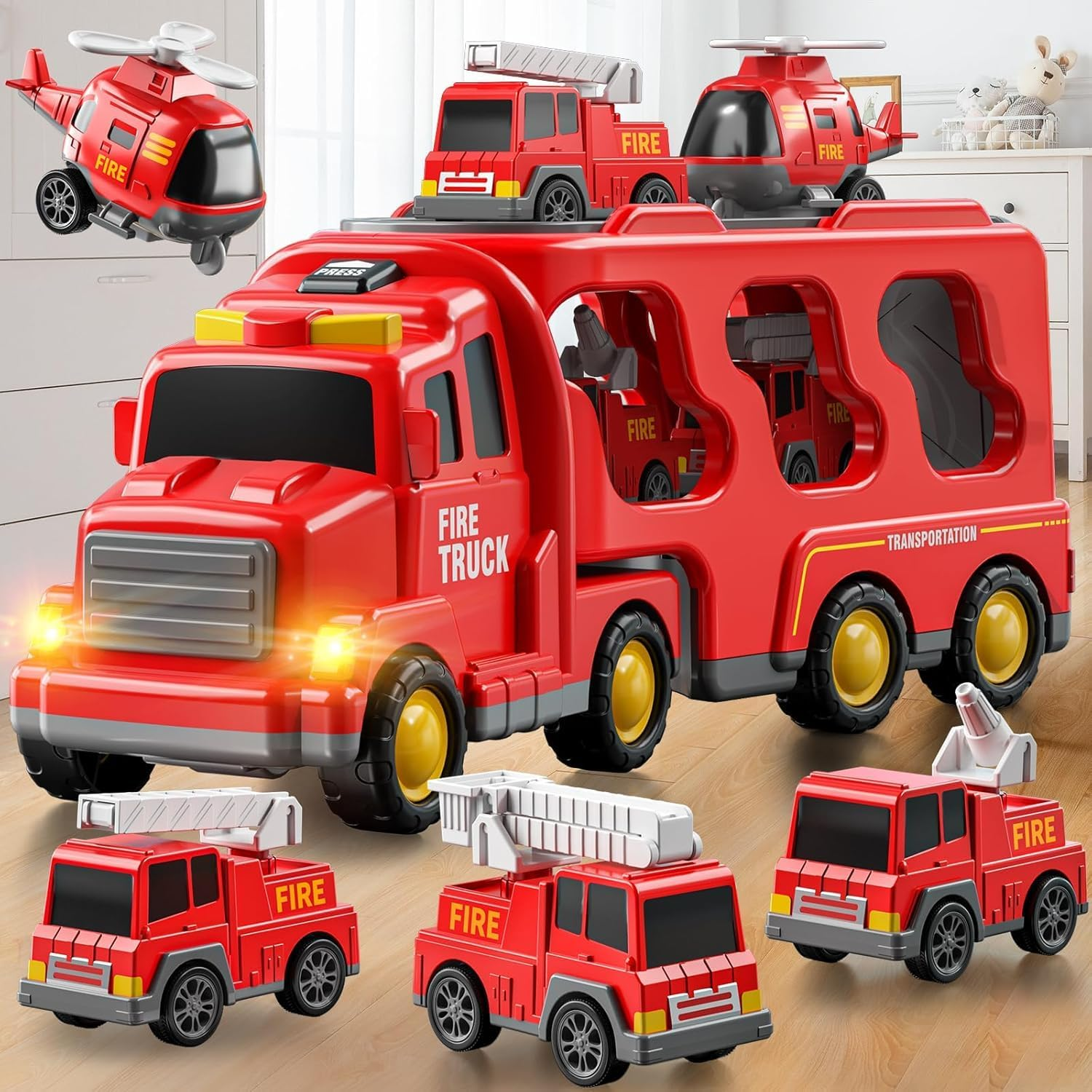 JUKUDAHU 5-In-1 Fire Trucks Car Toys for Kids 2 3 4 5 6 7 Years Old - Transport Vehicle Carrier Truck for Toddlers 3-5 Year Old, Boy Trucks Play Sets, Kids Gifts Toys for Boys Girls Aged 4-6 5-7 image number 4